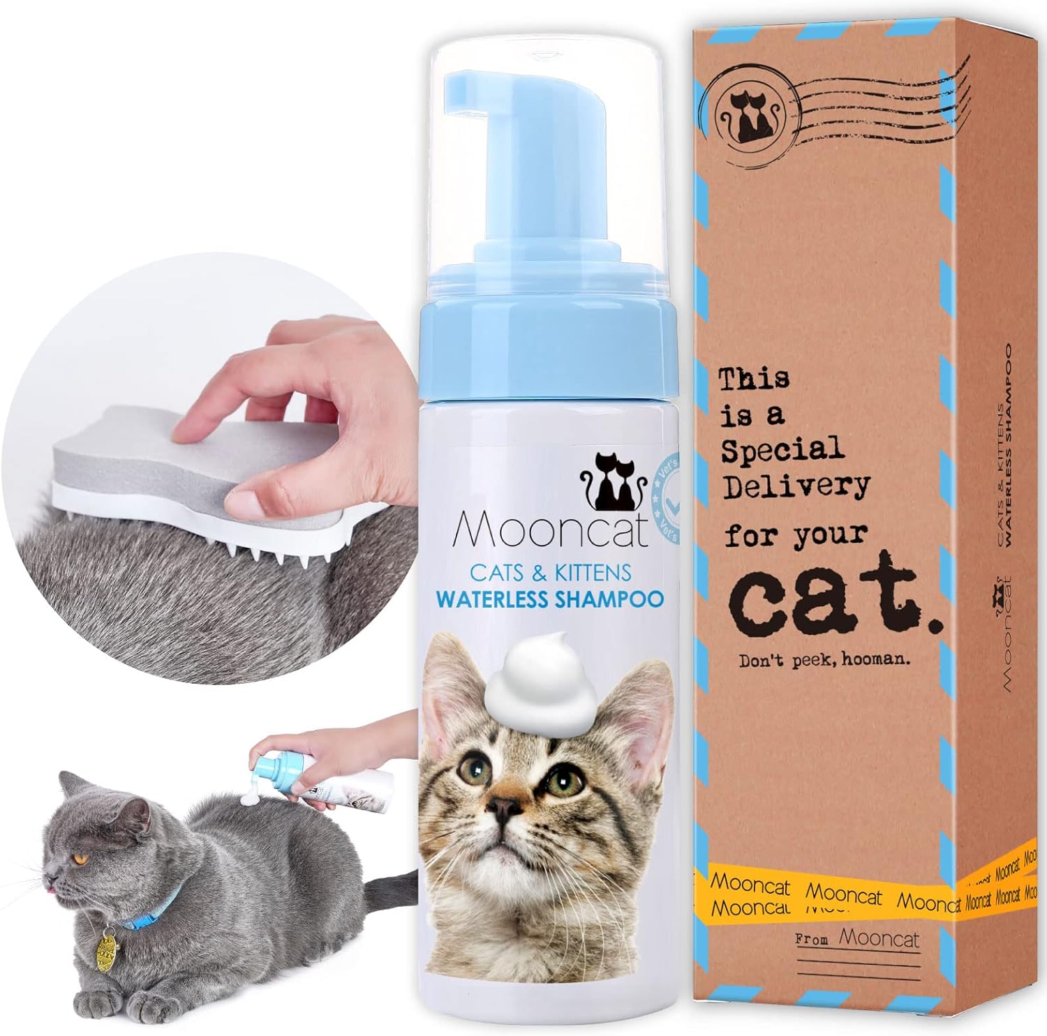 Mooncat Waterless Cat Shampoo + 2-in-1 Cat Bath Brush Set, No Rinse Dry Foam Bath for Short Hair Cats & Kittens, SGS-Tested Lick-Safe, Veterinarian Approved & pH-Balanced, Brush, 5 oz - Happypetzone.online - Image 2