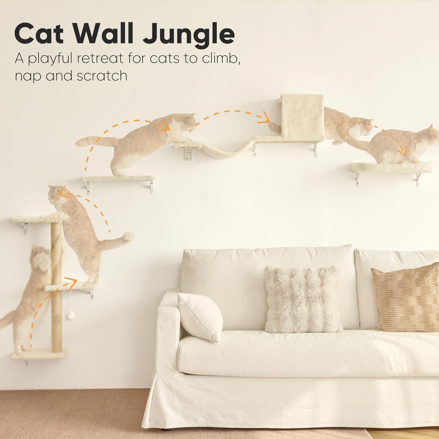 FUKUMARU Cat Wall Shelves, Stable & Safe 5 in 1 Cat Walls Furniture Set, Wooden Kitten Climbing Wall with Scratching Post for 16 Inch Drywall - Beige - Happypetzone.online - Image 2