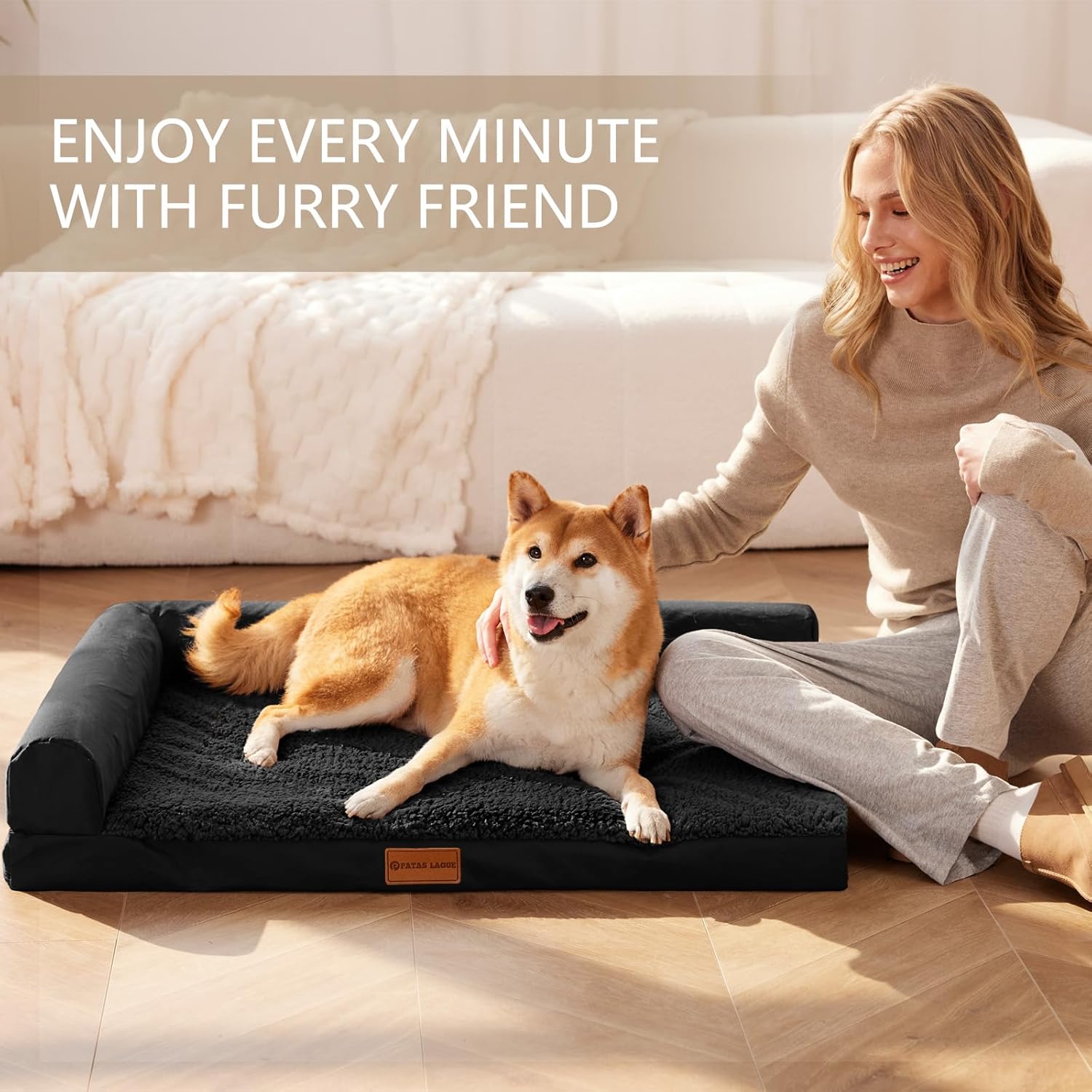 Patas Lague Orthopedic Dog Bed Large Sized Dog 36''X24'', Waterproof L Bolster Medium Pet Sofa Beds with Removable Washable Cover, Soft Comfortable Pet Couch Crate Mat with Nonskid Bottom, Black - Happypetzone.online - Image 2