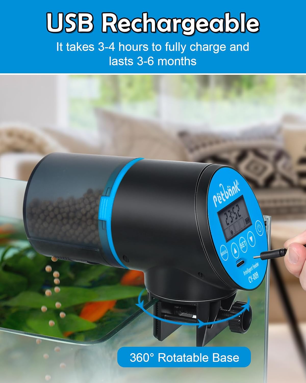 Automatic Fish Feeder for Aquarium - Rechargeable Fish Food Auto Dispenser Vacation Turtle Feeder with USB Charger Cable,LCD Screen, Customized Schedule (Blue) - Happypetzone.online - Image 6