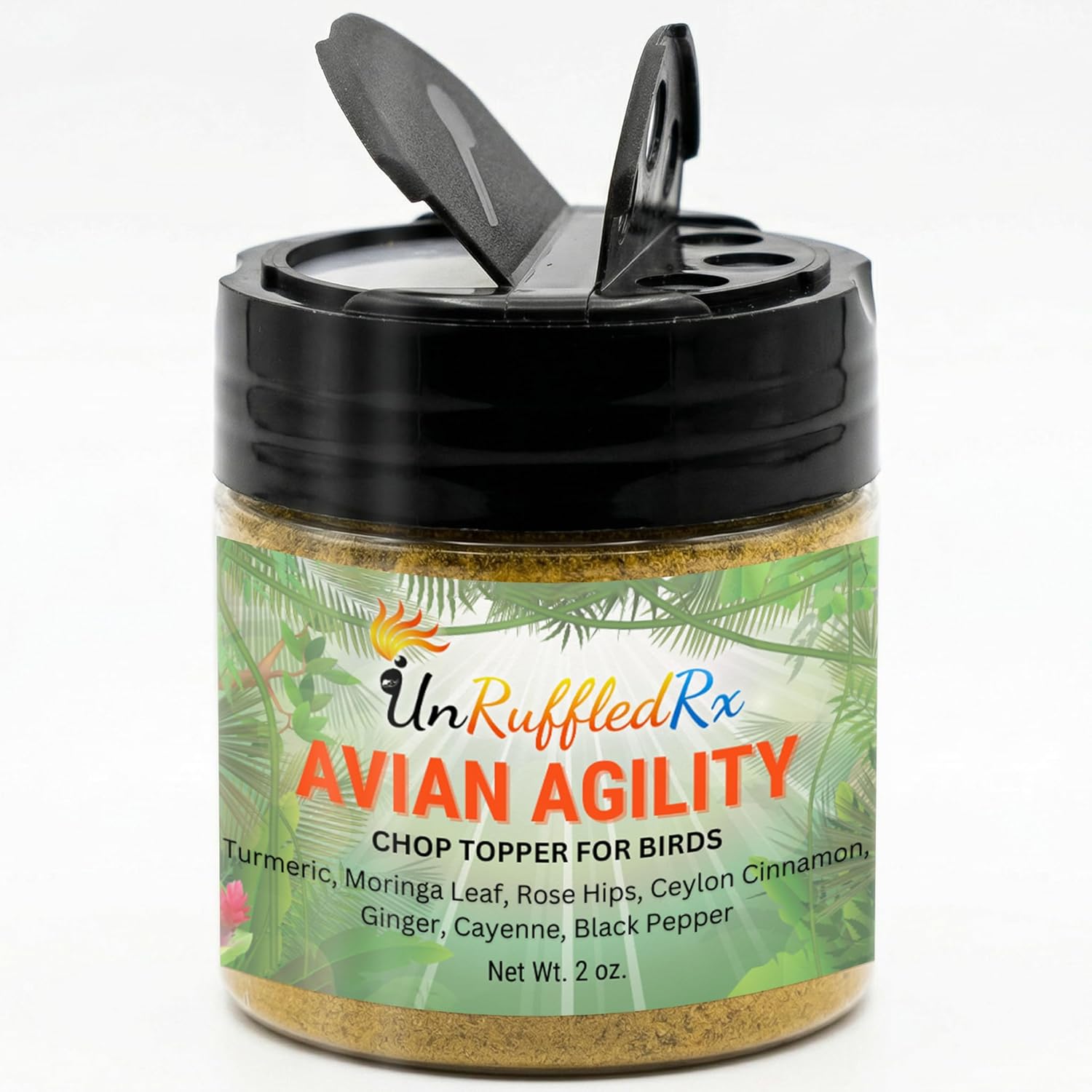 UnRuffledRx™ OmegaGlow for Birds – Raw, Natural Seed Blend for Feather Growth & Molting Support – Skin & Immune Health with Chia, Flax & Hemp Seeds – Helps Reduce Plucking – 2 oz Shaker Jar - Happypetzone.online - Image 2