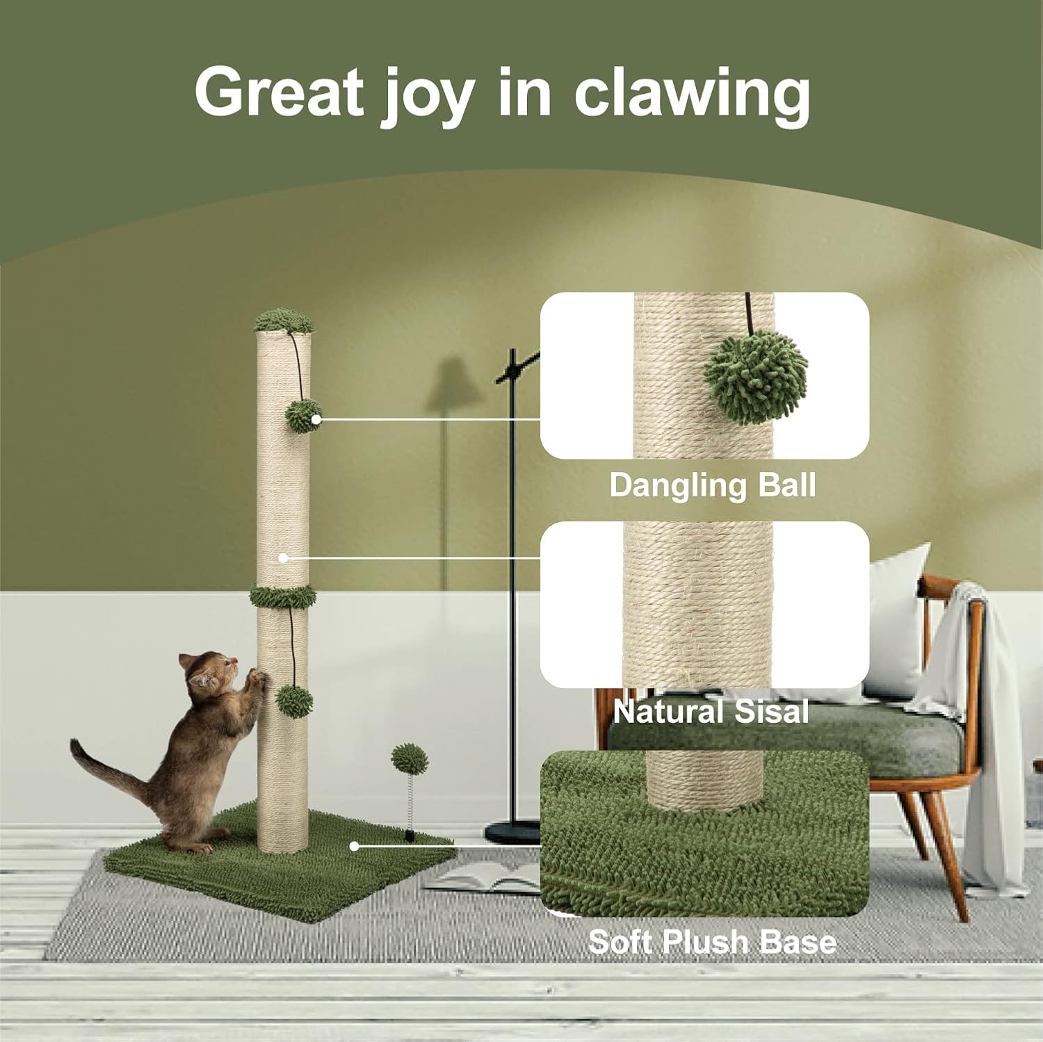 MECOOL 34“ Tall Cat Scratching Post Premium Basics Kitten Scratcher Sisal Scratch Posts Trees with Hanging Ball for Indoor Cats (34 inches for Adult Cats, Cactus Green) - Happypetzone.online - Image 2