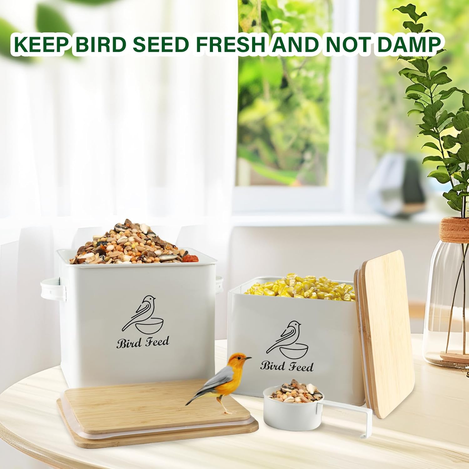 Airtight Bird Seed Storage Container Set of 2, 10LB Metal Bird Food Container with Bamboo Lids,Wild Bird Seed Tin for Storing Sunflower Seed-Squirrel proof -White - Happypetzone.online - Image 5