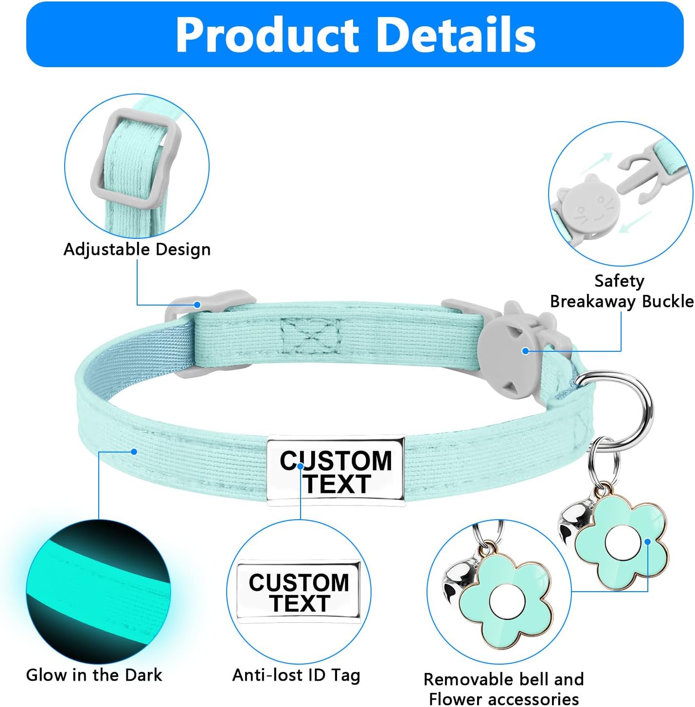Custom Glow in the Dark Cat Collar with Breakaway Buckle Anti-Lost Nameplate Luminous Cat Collar - Adjustable Size (8-11 Inch) for Kittens Cats, Personalized Laser Engraving ID Tag & Removable Bell - Happypetzone.online - Image 4