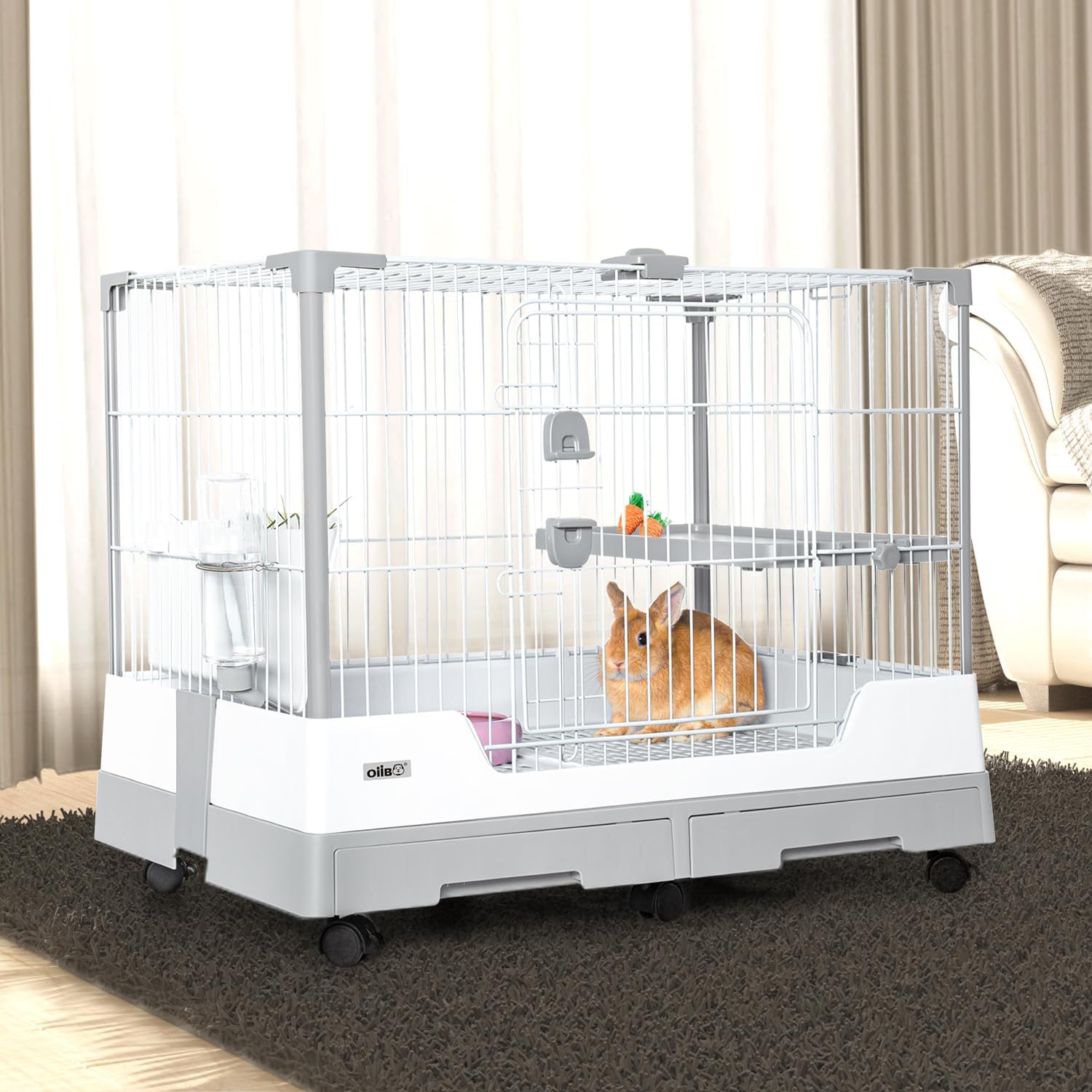 Deluxe Rabbit Cage, 32" × 21" × 26" Large Space Bunny Cage Foldable Small Animal Cage with Pull Out Tray and Caster Platform, Professional Household Anti-Spray Urine Rabbit Cage Hutch Indoor - Happypetzone.online - Image 8