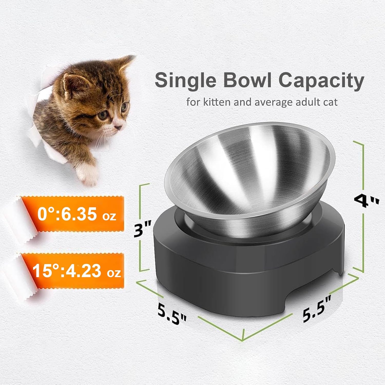 AYADA Raised Cat Food Bowl, Stainless Steel Cat Dish for Dry Wet Food Water, Anti Vomiting Elevated with Stand Ergonomic Lifted Slanted Tilted 15 Angle Metal Single Kitty Kitten Pet Bowl (Single) - Happypetzone.online - Image 6