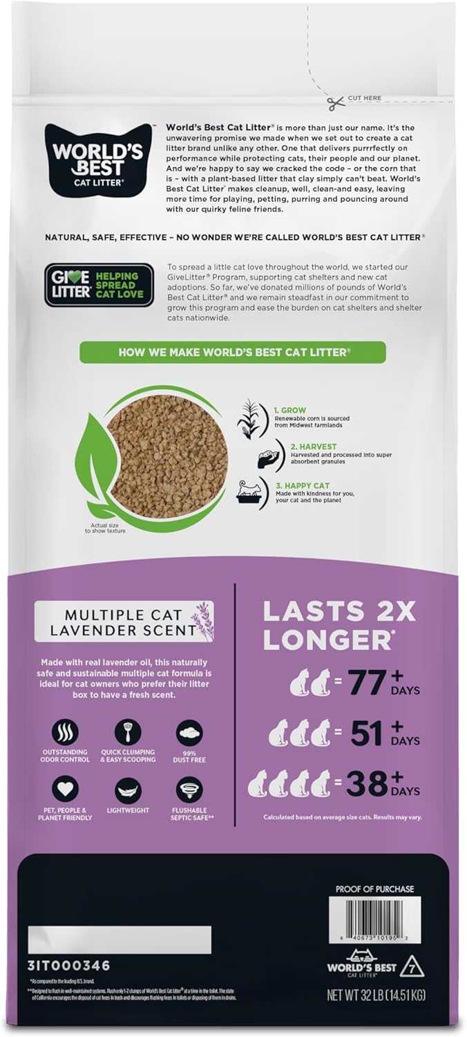 WORLD'S BEST CAT LITTER Multiple Cat Lavender Scented 32-Pounds - Natural Ingredients, Quick Clumping, Flushable, 99% Dust Free & Made in USA - Calming Fragrance & Long-Lasting Odor Control - Happypetzone.online - Image 2