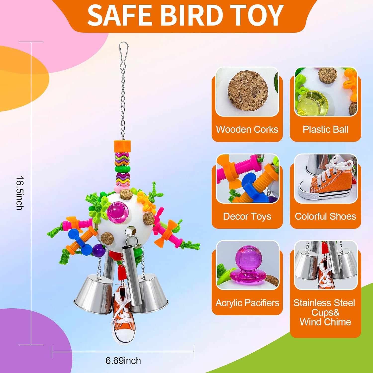 Bird Toys, Parrot Pullable Stainless Steel Cup Colorful Acrylic Stick Chew Toys for Amazons Mini Macaws African Greys Cockatoos Conures,Cockatiels, Lovebirds,Parrotlet,Eclectus (White) - Happypetzone.online - Image 3