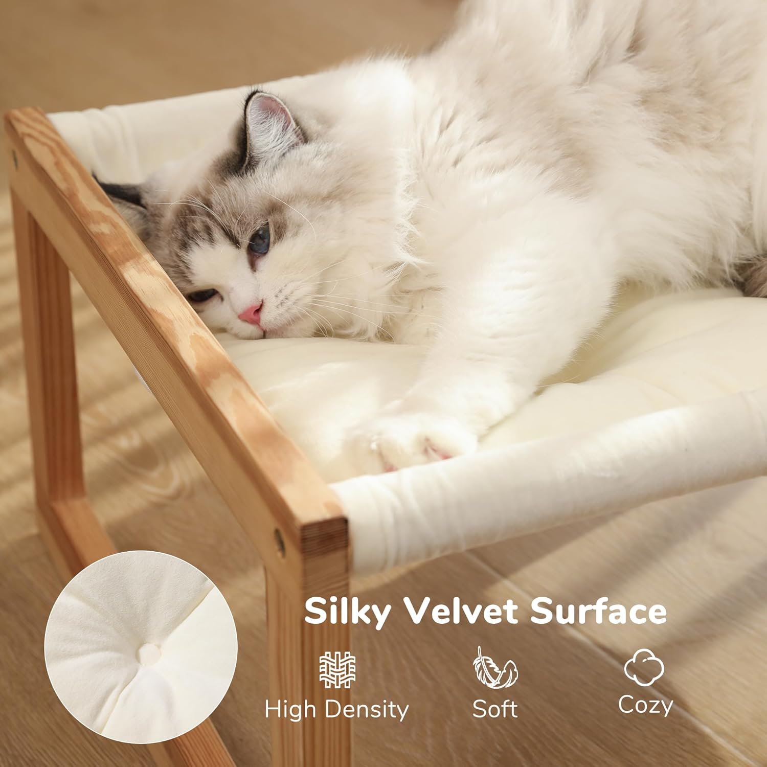 FUKUMARU Cat Bed Hammock, Cozy Velvet Cat Couch for Indoor Cats, Raised Wooden Cats Perch, 21 Inch Pet Sofa, Outdoor Dog Beds, Suitable for Puppy, Bunny and Small Animal, White - Happypetzone.online - Image 2