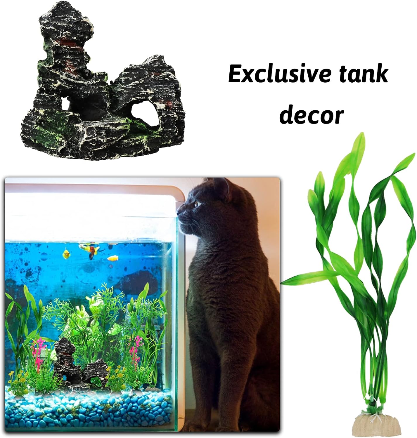 Fish Tank Accessories Aquarium Decorations Plants, 9pcs Green Fish Tank Decorations Plants and Cave Rock Decoration Decor Set, Aquarium Decor Plastic Plants - Happypetzone.online - Image 5