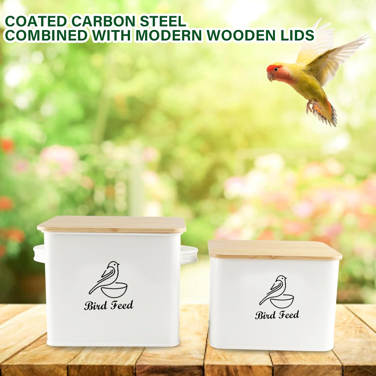 Airtight Bird Seed Storage Container Set of 2, 10LB Metal Bird Food Container with Bamboo Lids,Wild Bird Seed Tin for Storing Sunflower Seed-Squirrel proof -White - Happypetzone.online - Image 2