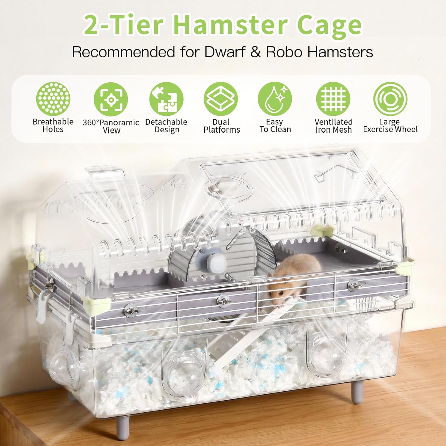 Large Multilevel Hamster Cage 22x12x15in for Dwarf Hamster Robo Hamster with 2 Platforms, Exercise Wheel, 3 Connectable Tube Ports, 2 Ladders, Sunroof Door, Plastic Metal Wire, Clear/Gray - Happypetzone.online - Image 2