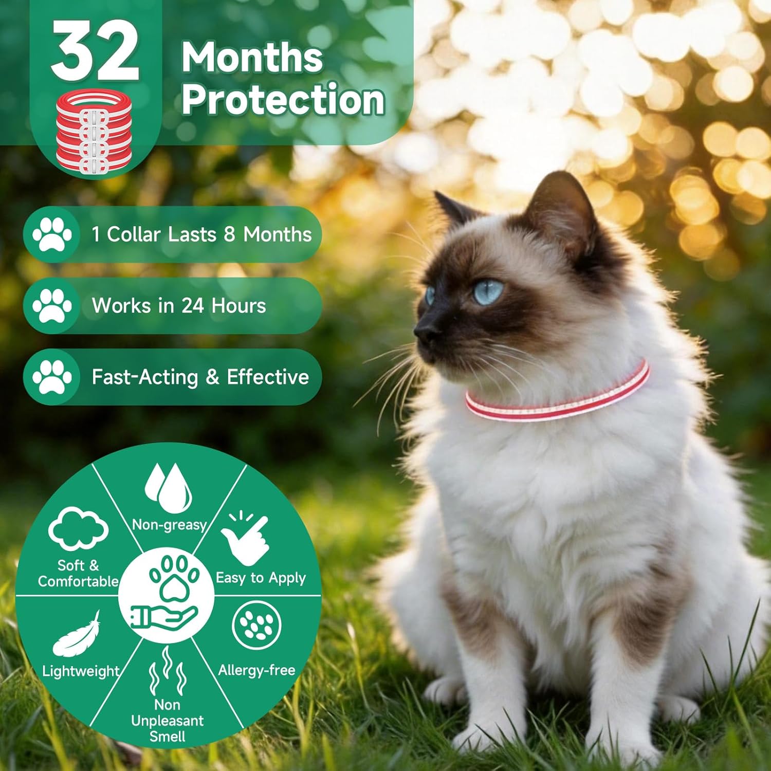 4 Pack Cat Flea Collars, Cat Flea and Tick Treatment, 32 Months Protection Flea and Tick Prevention for Cats, Waterproof Flea Collar for Cats, One Size Fits All, Red and White - Happypetzone.online - Image 4