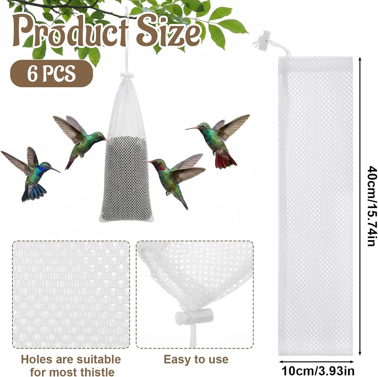 Xinjoduz 6 PCS Finch Sock Feeder for Outdoor, Durable Instant Thistle Seed Feeder Sacks Hanging Birds Feeders, Bird Food Supply Tools for Garden Yard Wild Finch Feeding (White, 3.94 x 15.5 Inch) - Happypetzone.online - Image 2