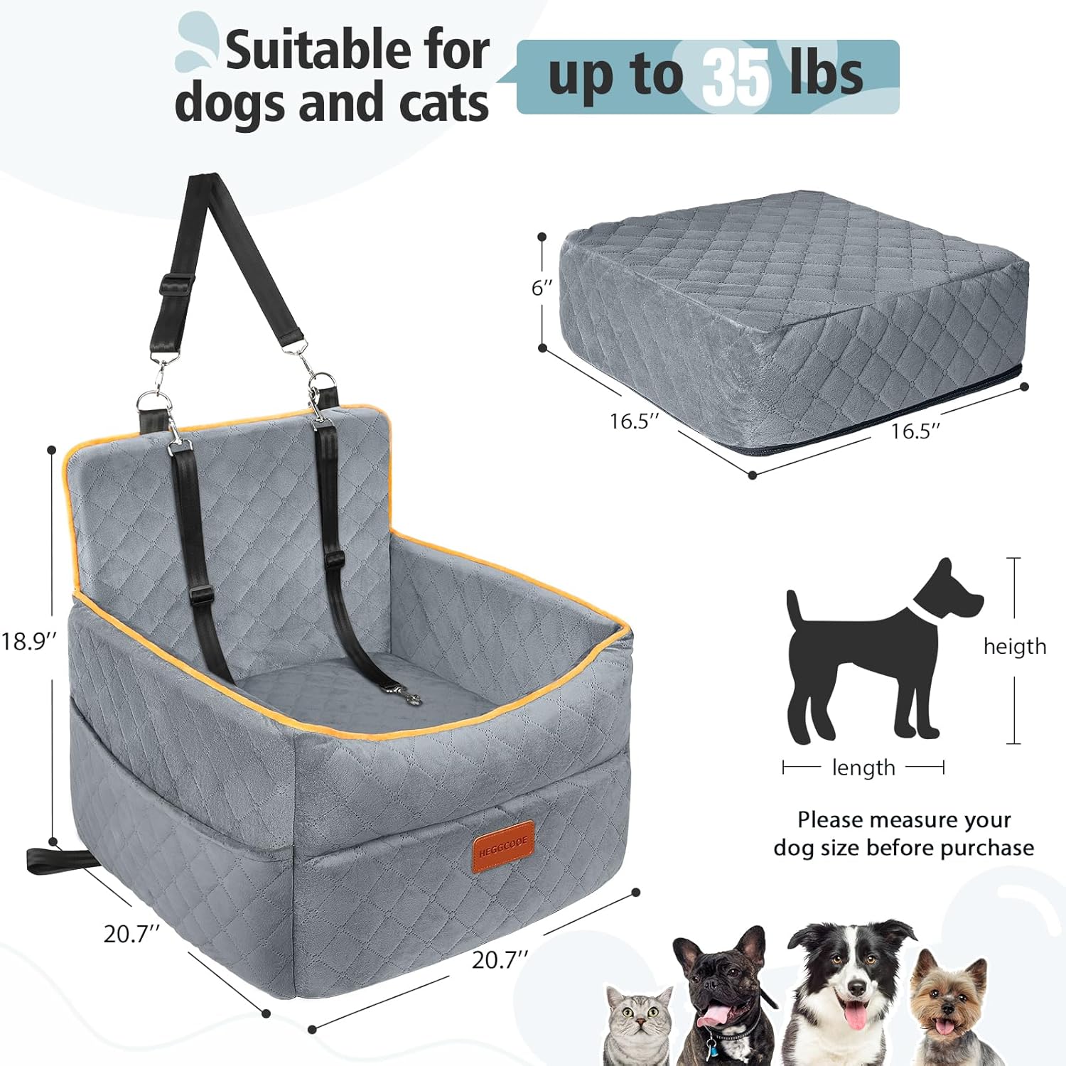 HEGGCOOE Dog Car Seat for Small Medium Dogs, Memory Foam Puppy Dog Booster Seat with Thick Cushion for Dogs Under 35lbs, Detachable Washable Pet Car Seat Travel Bed with Storage Pockets,2 Safety Belts - Happypetzone.online - Image 3