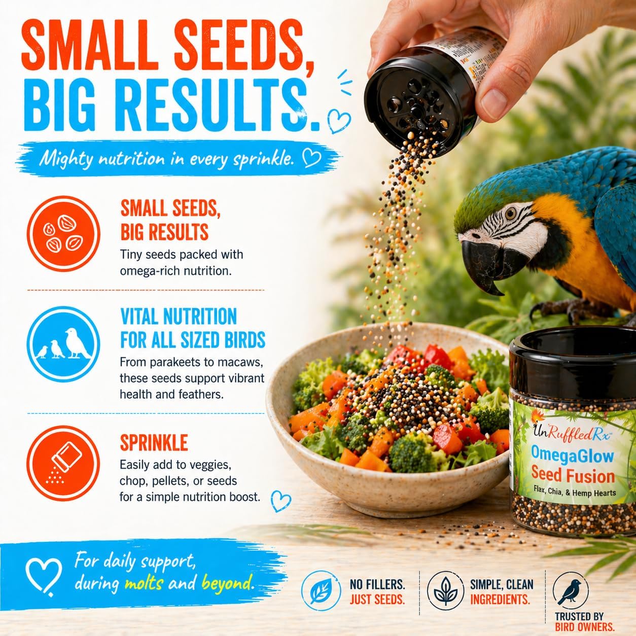 UnRuffledRx™ OmegaGlow for Birds – Raw, Natural Seed Blend for Feather Growth & Molting Support – Skin & Immune Health with Chia, Flax & Hemp Seeds – Helps Reduce Plucking – 2 oz Shaker Jar - Happypetzone.online - Image 7