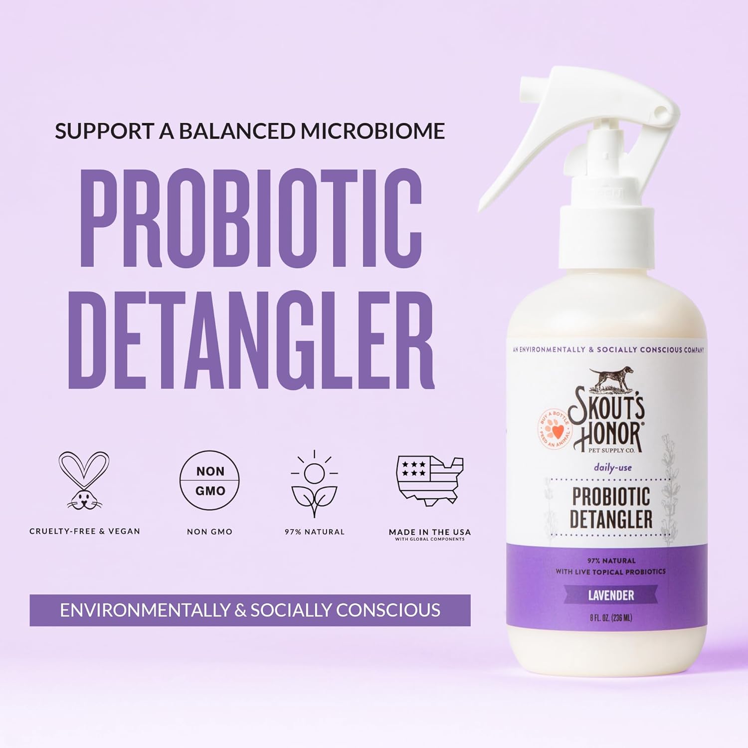Skout's Honor Probiotic Pet Detangler Spray - Hydrating & Conditioning with Avocado Oil, 97% Natural, Paraben & Sulfate-Free, softens for a More brushable Coat, Daily Use, 8oz, Lavender - Happypetzone.online - Image 2