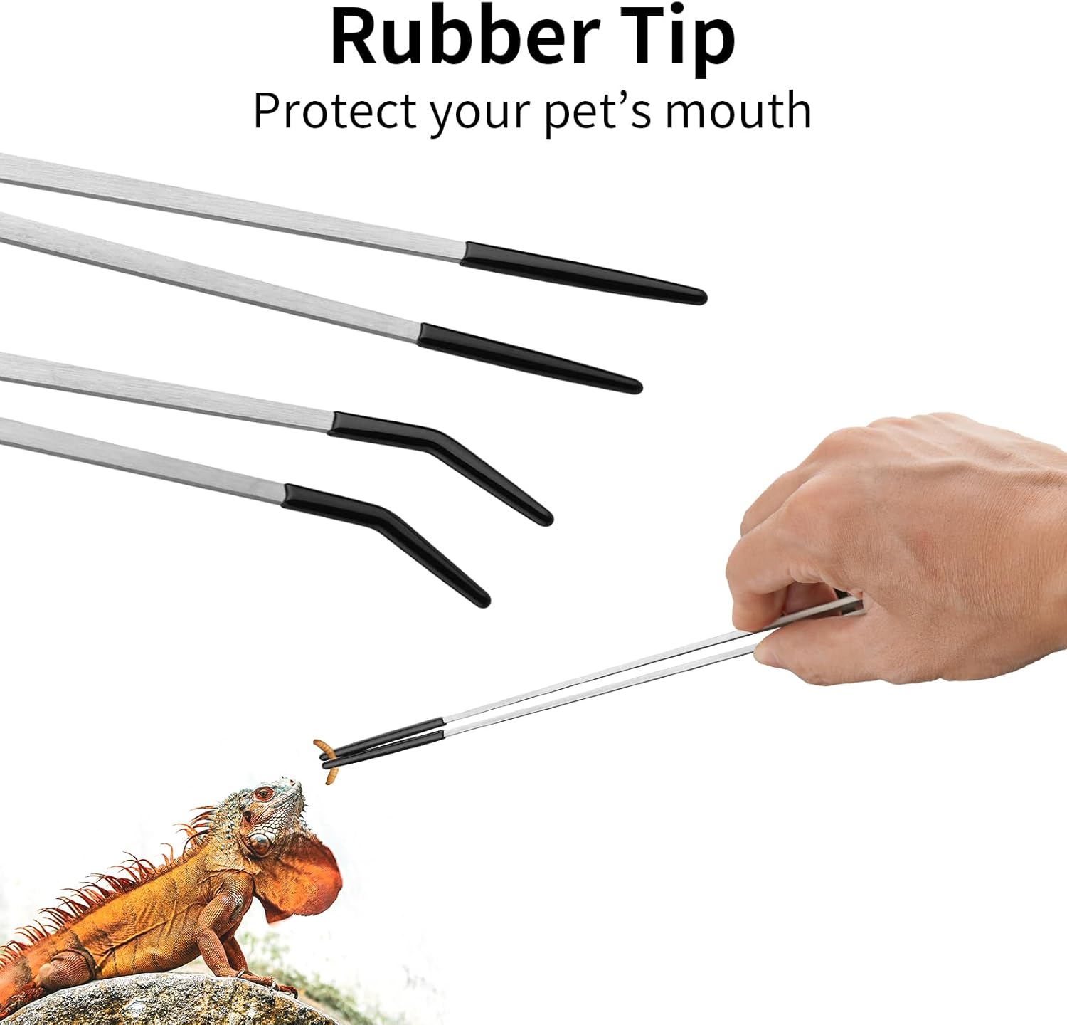 Novery 2PCS Stainless Steel Reptile Feeding Tongs with Rubber Tip, 10.6” Straight & Curved Long Tweezers for Aquarium or Craft, Bearded Dragon Tank Snakes Enclosure Accessories, Terrarium Supplies - Happypetzone.online - Image 3