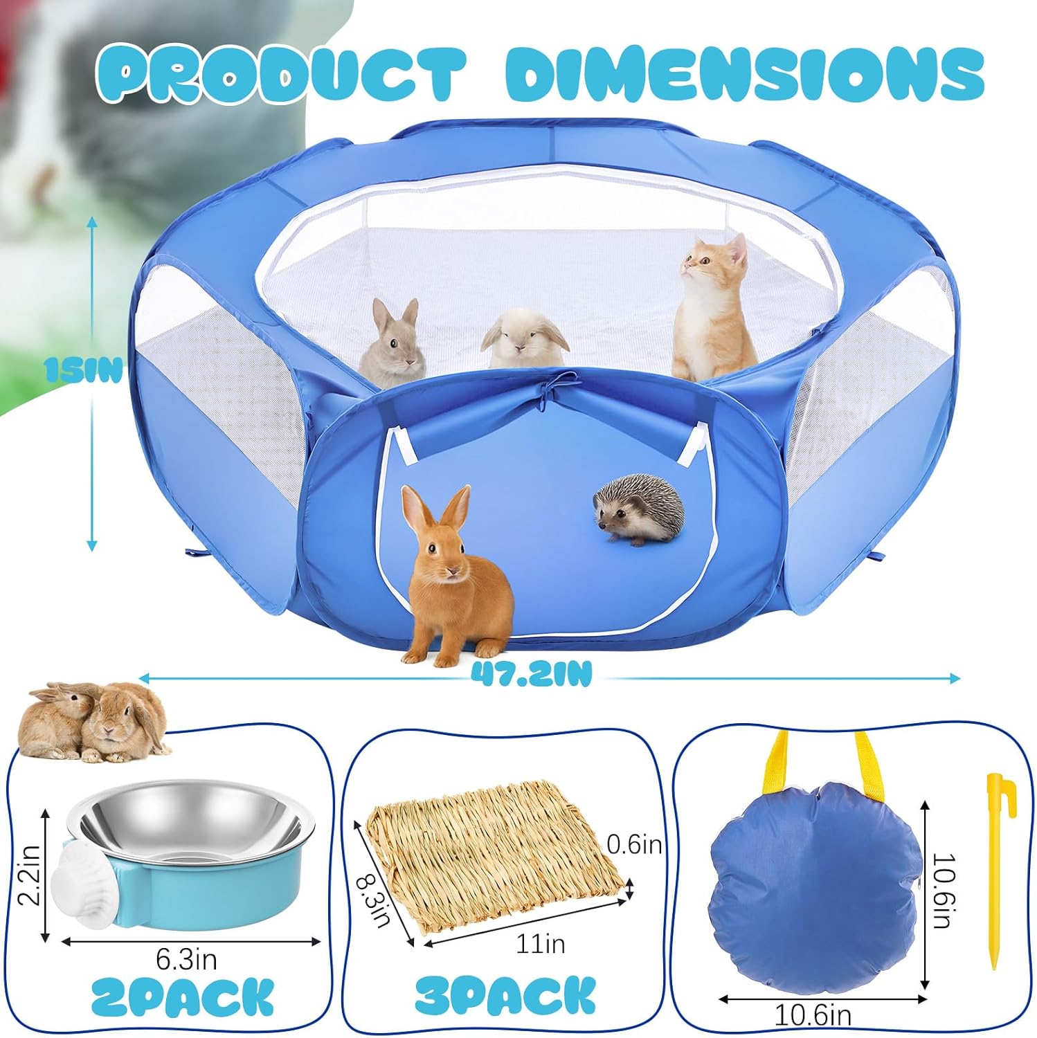 Small Animal Playpen & Grooming Kit, Portable Foldable Pet Playpen with Mesh Top for Rabbits, Guinea Pigs, Hamsters, Hedgehogs, Includes Feeding Bowls, Grooming Tools, and Bedding Mat, Blue - Happypetzone.online - Image 2