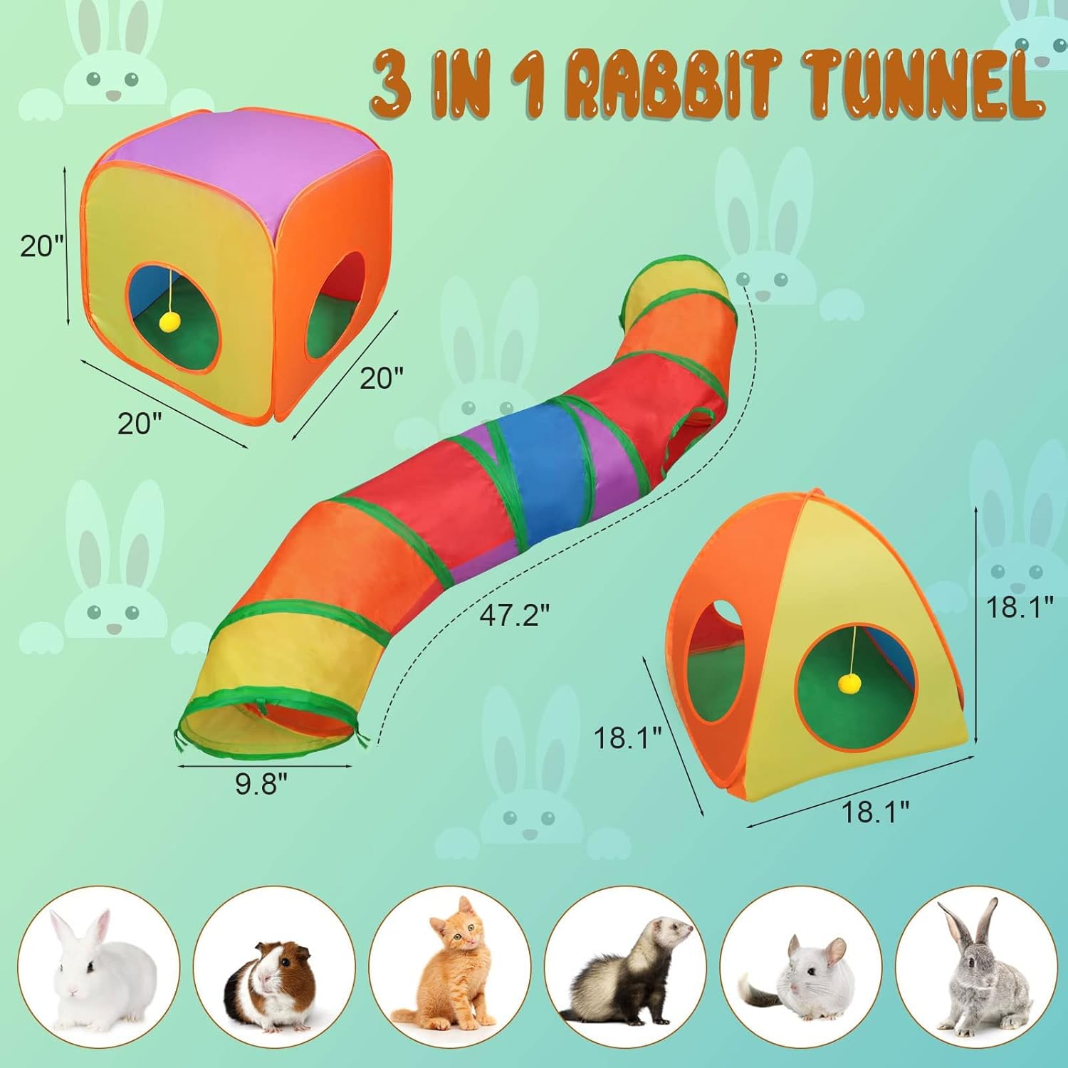 YUEPET Rabbit Tunnel and Cube Collapsible Tent Bunny Interactive Crinkle Tunnel Toys Small Animal Hideout with Play Ball for Dwarf Rabbit Bunny Guinea Pig (Rainbow) - Happypetzone.online - Image 2
