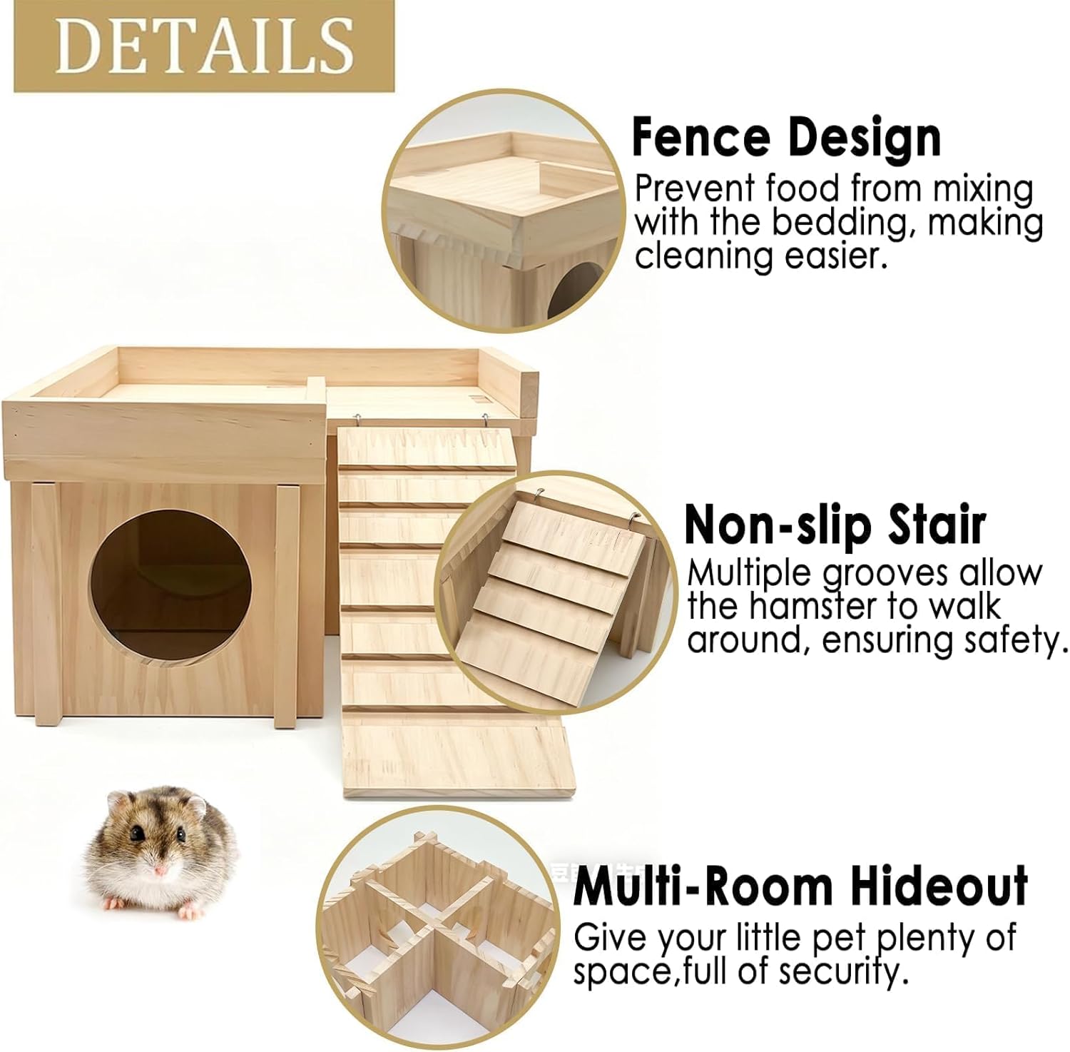 Wooden Hamster Hideout,Dwarf Hamster Hide House with Platform & Bowl & Ladder,Small Hamsters Maze Hut Hides Habitats Decor Cage Accessories for Gerbils,Mice,Mouse - Happypetzone.online - Image 2