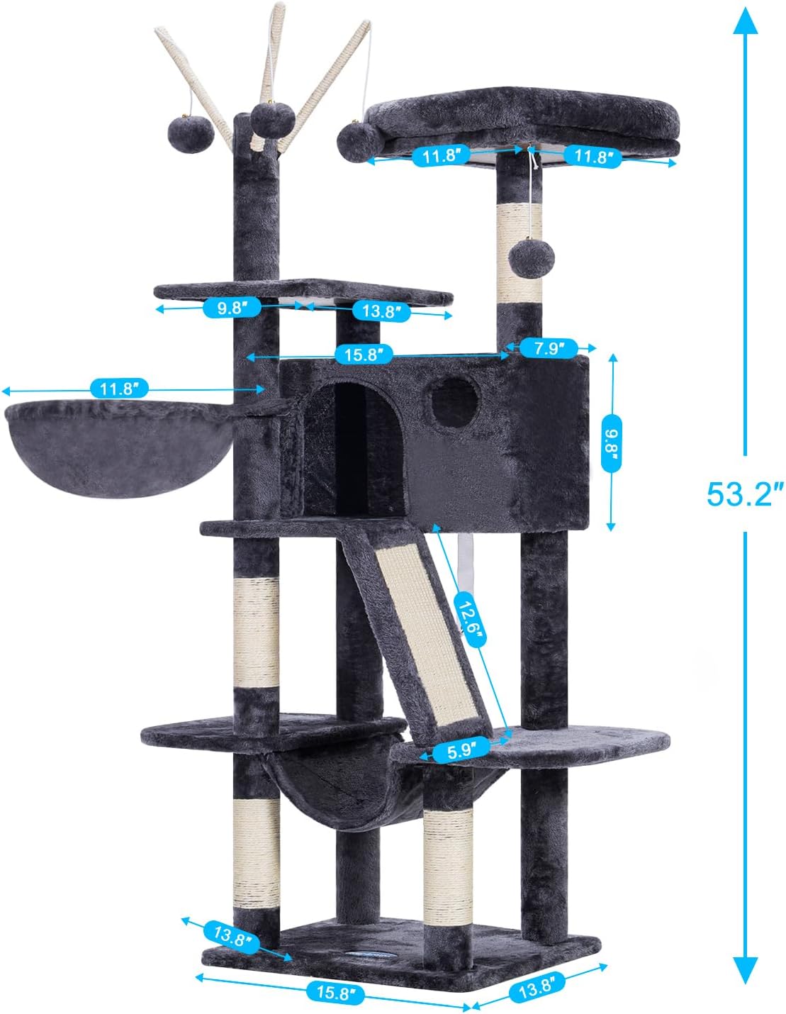 Hey-brother Cat Tree, 53 inch Cat Tower for Indoor Cats, Cat House with Padded Platform Bed, Toy Balls, Large Cozy Condo, Hammocks and Sisal Scratching Posts, Smoky Gray MPJ019-SG - Happypetzone.online - Image 2