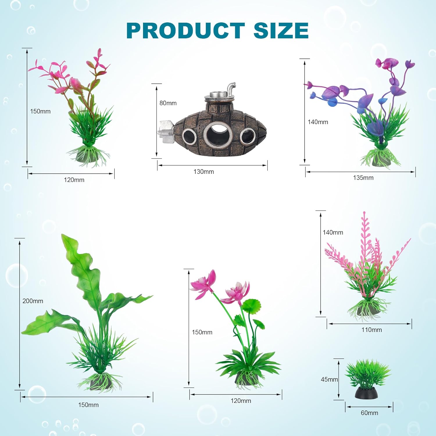 10-Piece Aquarium Decorations Set with Submarine Hideout & Colorful Artificial Plants – Fish Tank Decor for Freshwater & Saltwater Tanks - Happypetzone.online - Image 2