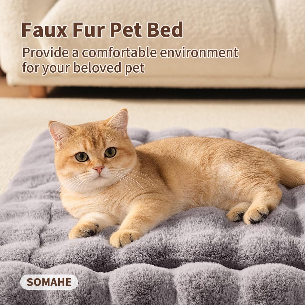 SOMAHE Cat Bed Mat, Soft Plush Faux Fur Kneading Pet Bed, Machine Washable Cat Sleeping Pad for Indoor Cats & Kittens, Non-Slip Fluffy Cat Rug for Couch Sofa Floor, 23x15 Inch Grey - Happypetzone.online - Image 4