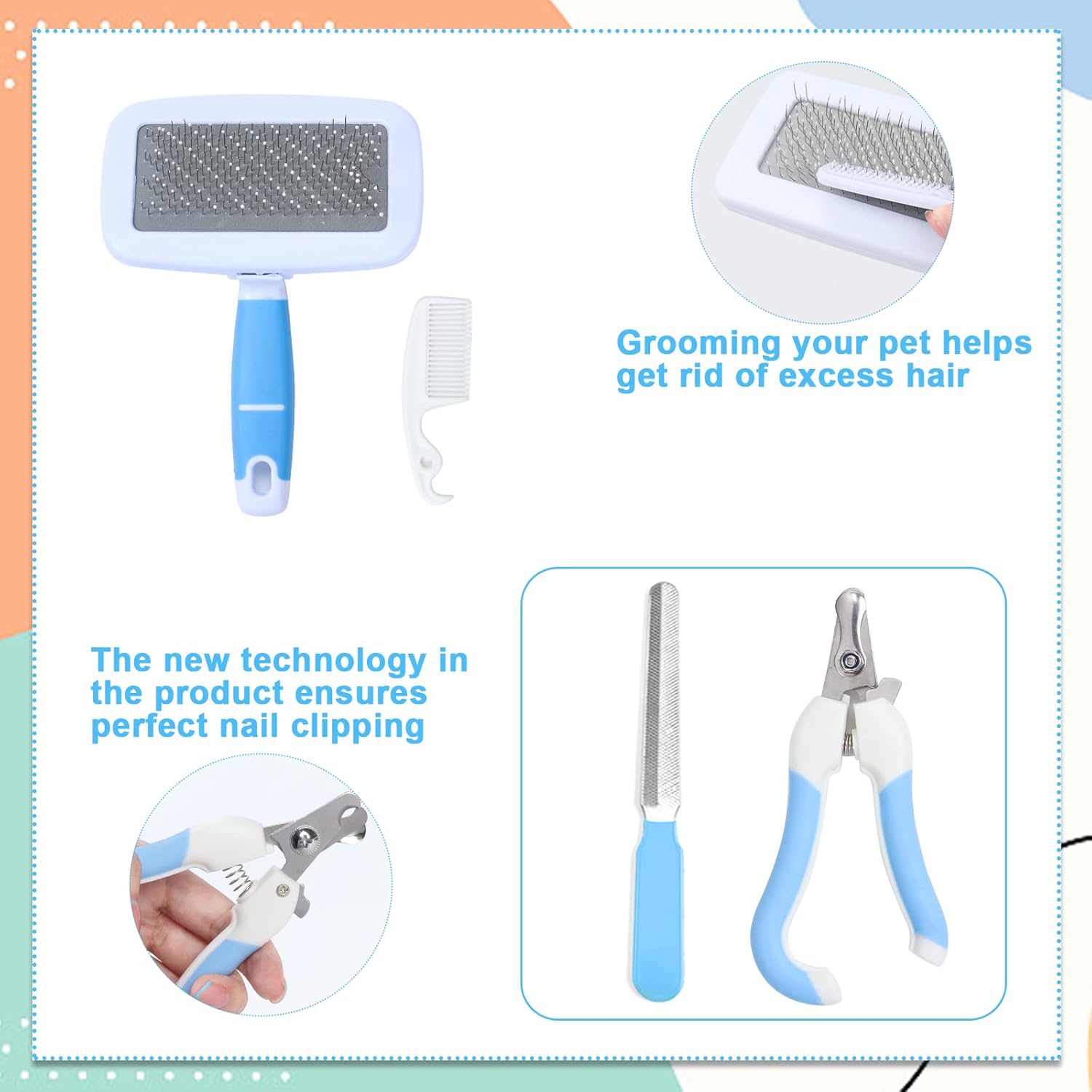 VCZONE Small Animal Grooming Set: Pet Nail Clipper & File, Flea Comb, Shampoo Brush, Shedding Slicker Brush, Massage Glove, Cleaning Comb (Blue) - Happypetzone.online - Image 5