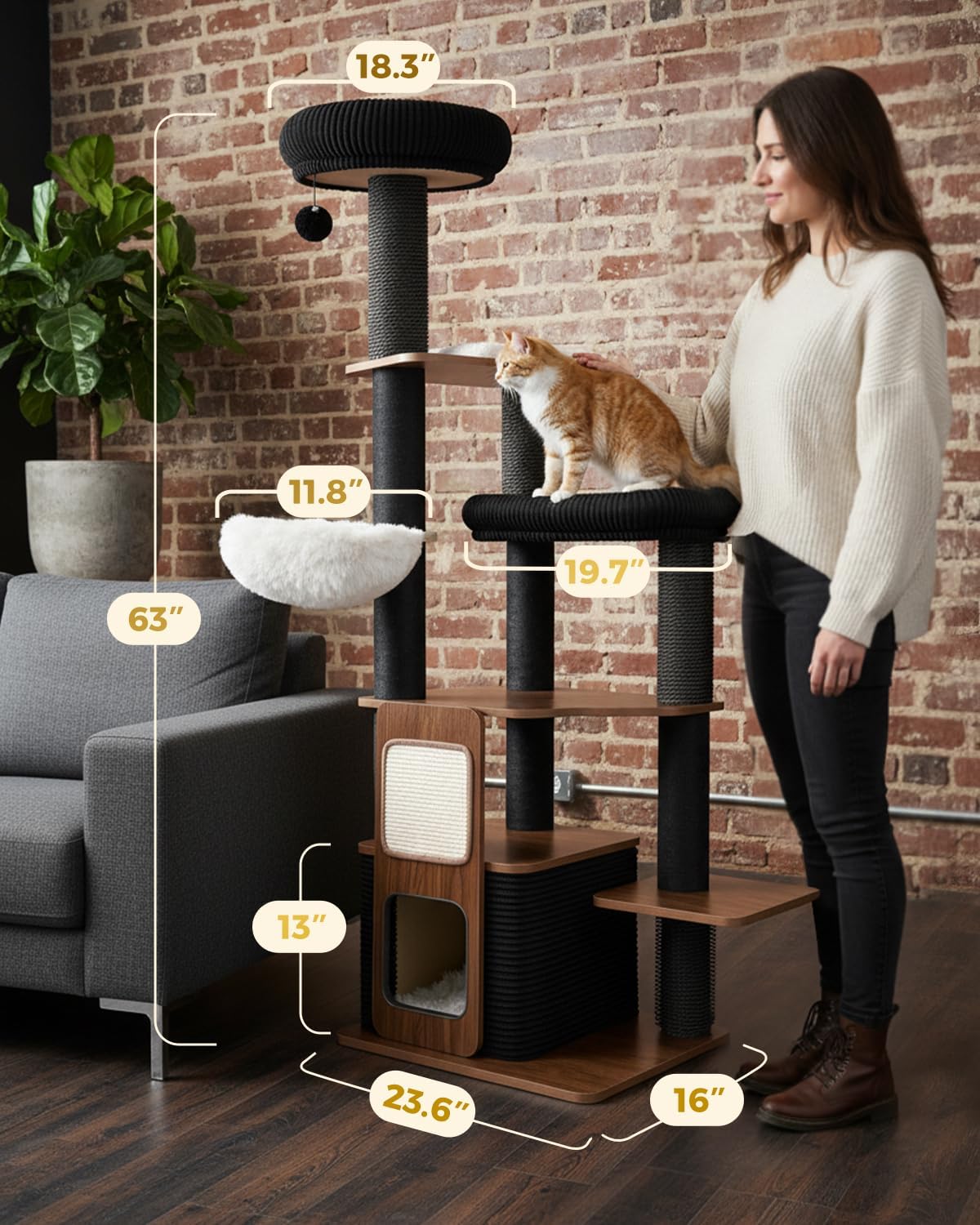 63" Modern Cat Tree Tower for Indoor Cats, Heavy Duty Cat Trees for Large Cat, Adult Maine Coon Cat Tree Tower with Scratching Post, Extra Large Top Perch, Cat Condos (Black) - Happypetzone.online - Image 5
