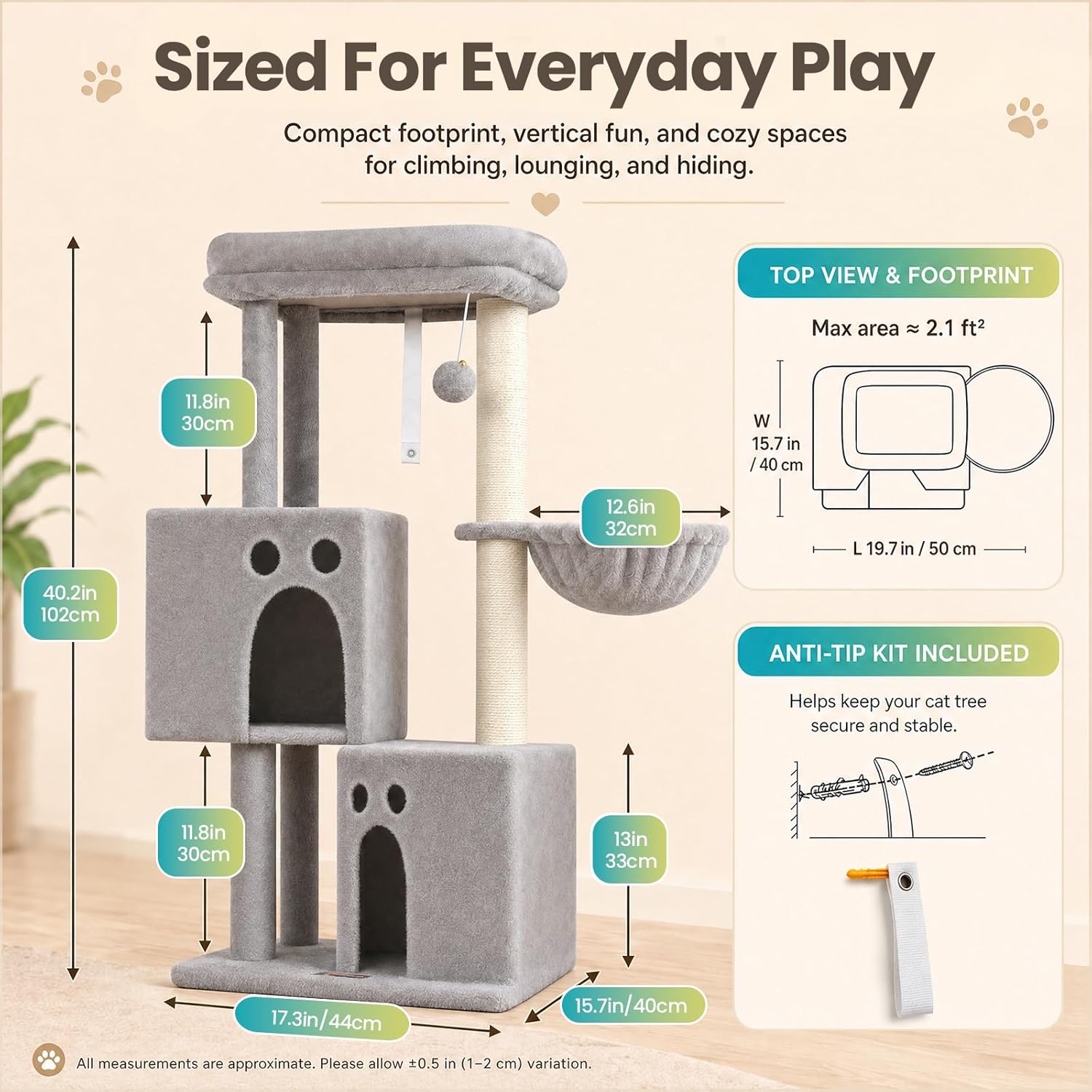 Small Cat Tree Tower for Indoor Cats, 40 in Medium Compact Adults Cat Beds Trees with 2 Condos, Sisal Scratching Post, Large Perch Platform, Multi-Level Kitty Kitten Climbing Stands House(Light Grey) - Happypetzone.online - Image 7