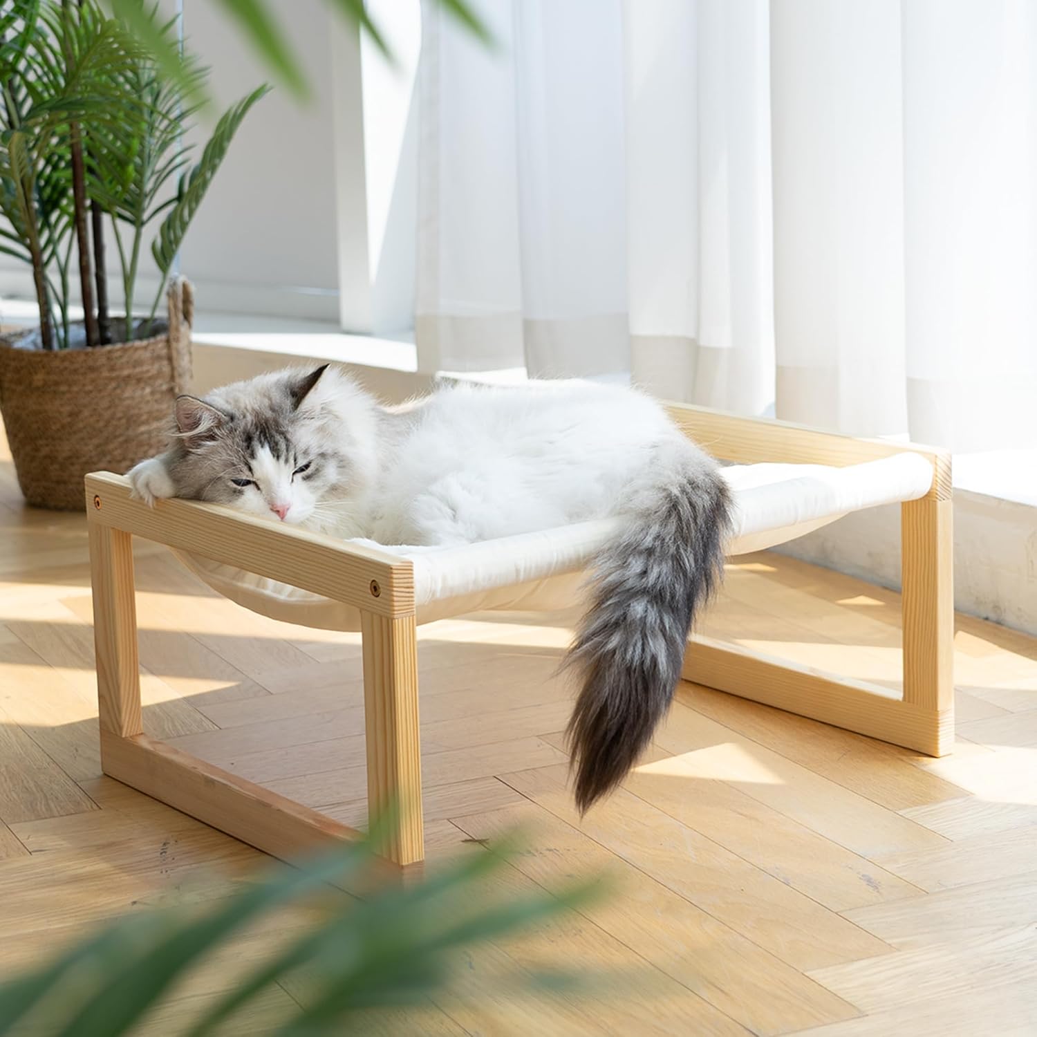 FUKUMARU Cat Bed Hammock, Cozy Velvet Cat Couch for Indoor Cats, Raised Wooden Cats Perch, 21 Inch Pet Sofa, Outdoor Dog Beds, Suitable for Puppy, Bunny and Small Animal, White - Happypetzone.online - Image 8