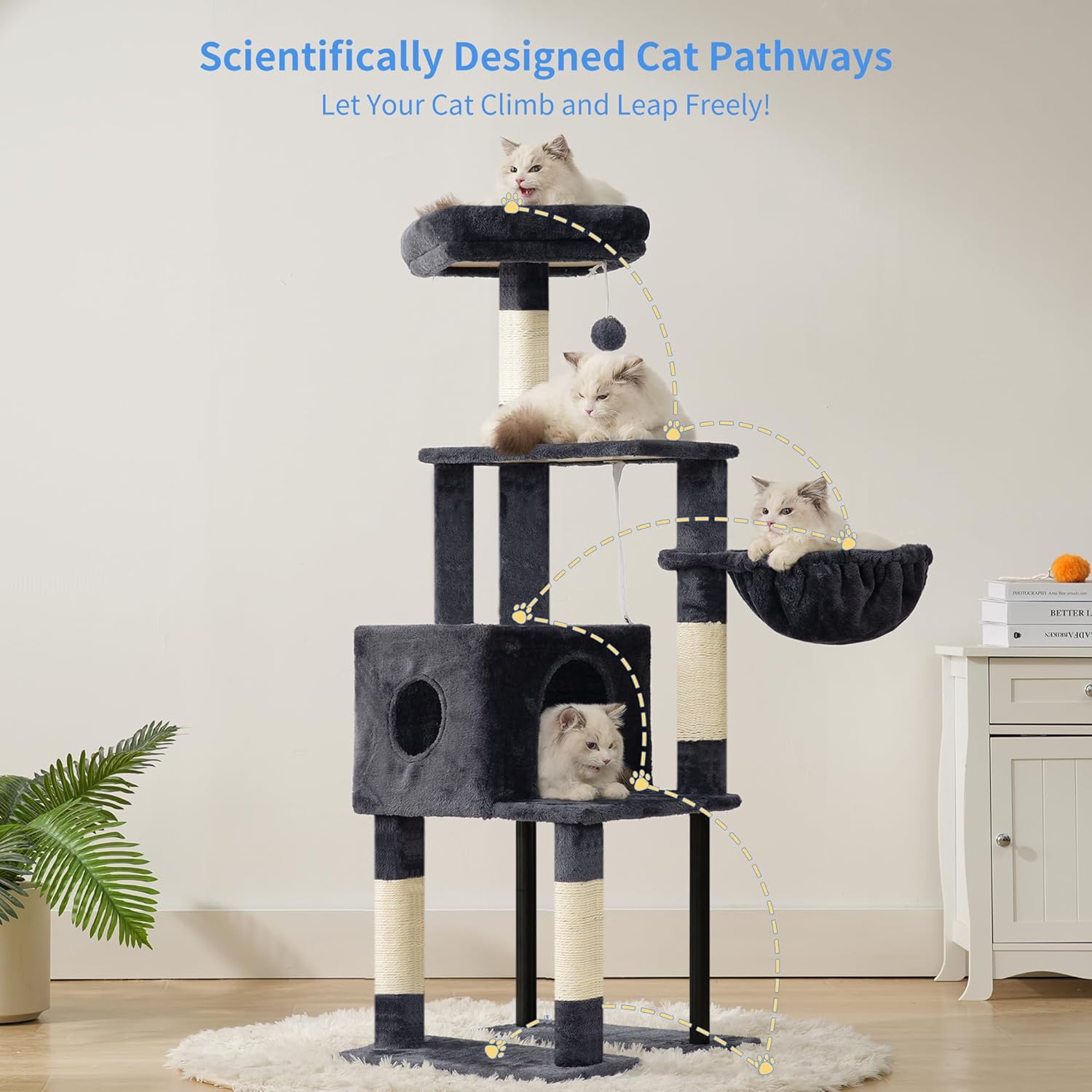 Heybly Cat Tree, 49.2 Inches Cat Tower for Indoor Cats, Spacious Cat House Condo with Hidden Space,Sturdy Steel Tube,Soft Plush Top Perch,Cozy Hammock and Sisal Scratching Posts, Smoky Gray HCT200SG - Happypetzone.online - Image 2