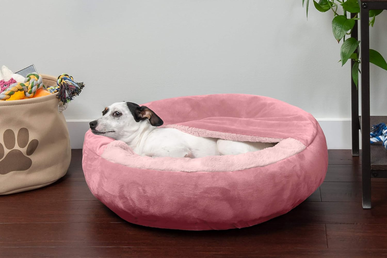 Furhaven 24" Round Calming Donut Dog Bed for Indoor Cats & Small Dogs, Washable, For Dogs Up to 20 lbs - Plush Velvet Waves Hooded Donut Bed - Rose Pink, Small - Happypetzone.online - Image 3
