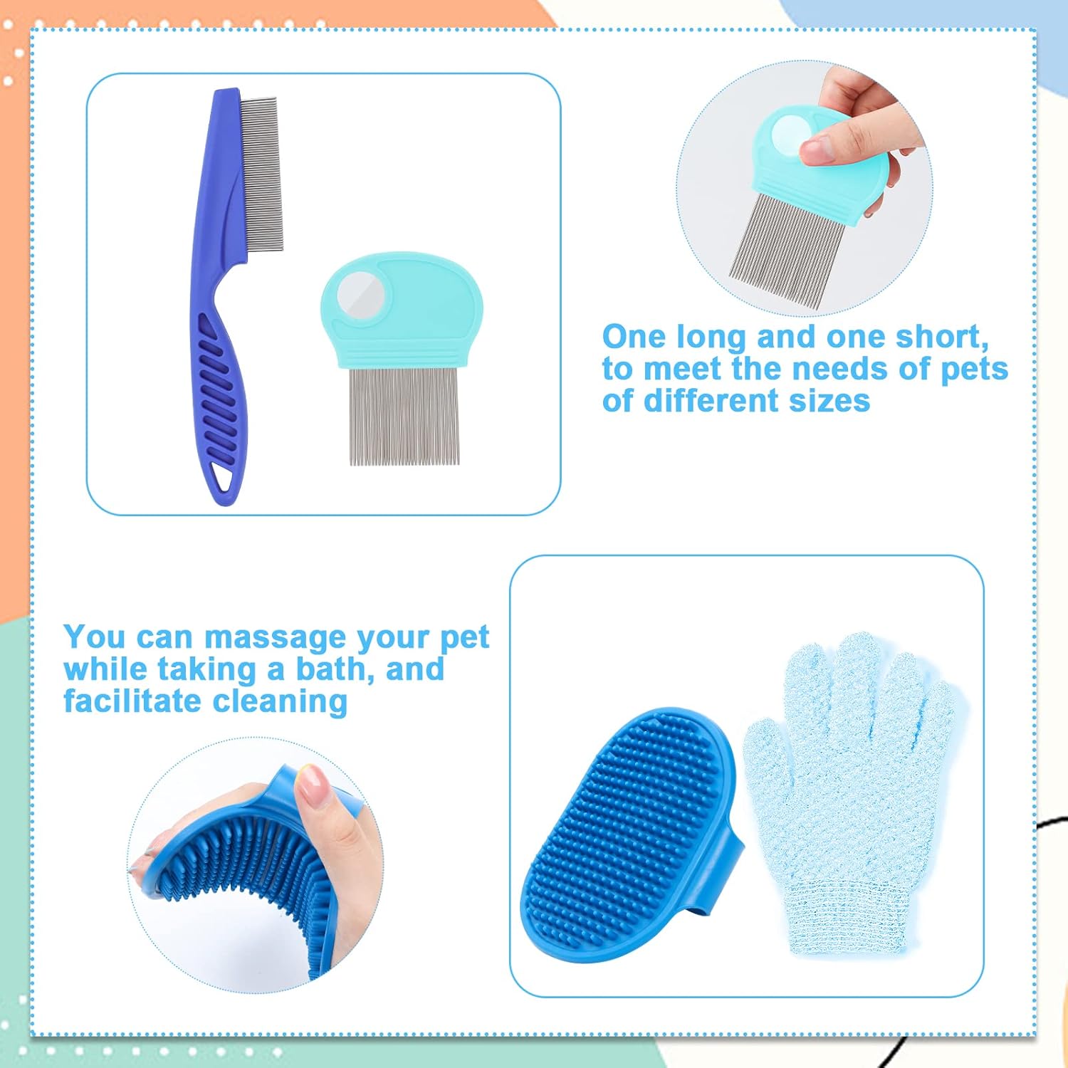 VCZONE Small Animal Grooming Set: Pet Nail Clipper & File, Flea Comb, Shampoo Brush, Shedding Slicker Brush, Massage Glove, Cleaning Comb (Blue) - Happypetzone.online - Image 6