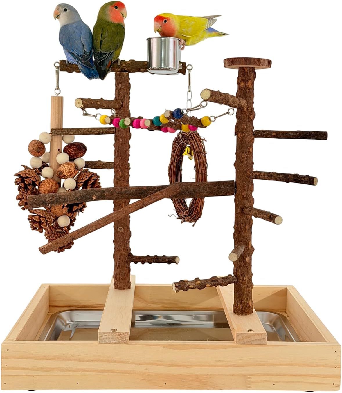 Bird Playground, Natural Wood Bird Play Stand with Stand Perch, Swing, Toy, Two Food Cups, and Removable Tray, Suitable for Lovebirds, Cockatiels, Budgies, Parakeets, and Other Birds - Happypetzone.online - Image 3