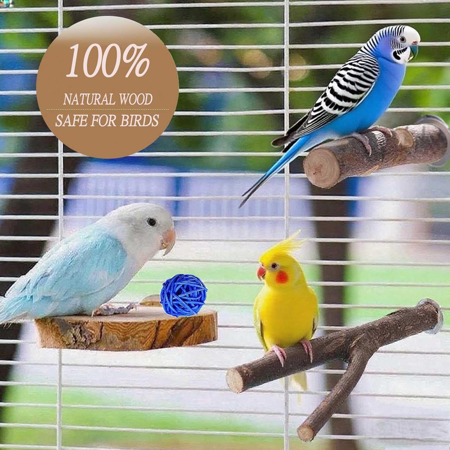 8 PCS Natural Wood Bird Perches Stand for Cage, 5 PCS Parrot Rattan Balls, Wooden Hanging Multi-Branch Perches Platform, Hammock Swing Toy for Parakeets, Budgies, Cockatiels, Conures, Macaws (13 PCS) - Happypetzone.online - Image 3