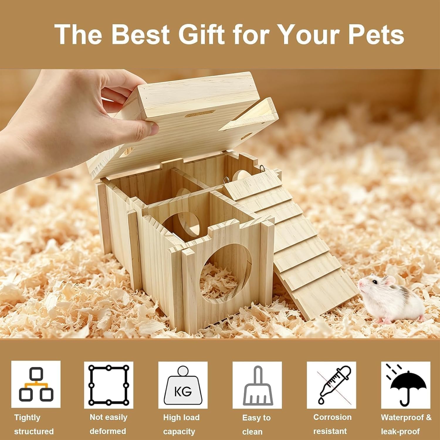 Wooden Hamster Hideout,Dwarf Hamster Hide House with Platform & Bowl & Ladder,Small Hamsters Maze Hut Hides Habitats Decor Cage Accessories for Gerbils,Mice,Mouse - Happypetzone.online - Image 3