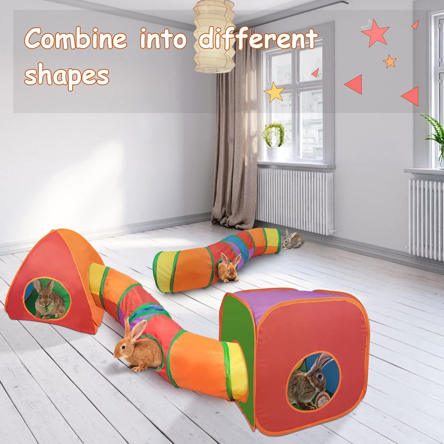 YUEPET Rabbit Tunnel and Cube Collapsible Tent Bunny Interactive Crinkle Tunnel Toys Small Animal Hideout with Play Ball for Dwarf Rabbit Bunny Guinea Pig (Rainbow) - Happypetzone.online - Image 4