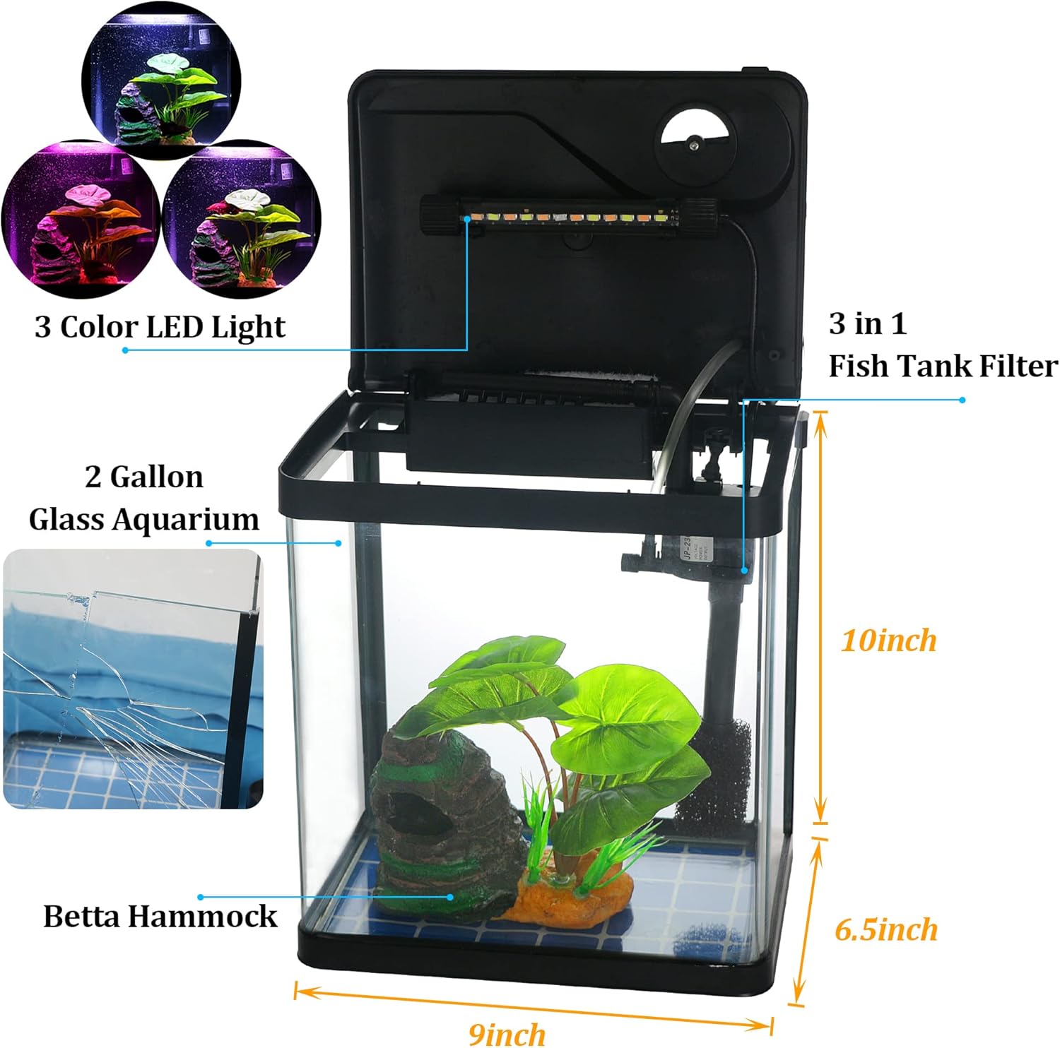 Betta Fish Tank Self Cleaning Glass 2 Gallon Small Nano Aquarium Starter Kits Desktop Room Decor w/LED Light Decorations & Whisper Filters Water Pump (Fish Tank) - Happypetzone.online - Image 2