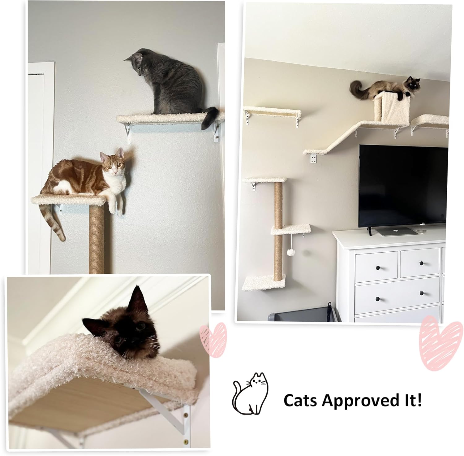 FUKUMARU Cat Wall Shelves, Stable & Safe 5 in 1 Cat Walls Furniture Set, Wooden Kitten Climbing Wall with Scratching Post for 16 Inch Drywall - Beige - Happypetzone.online - Image 8