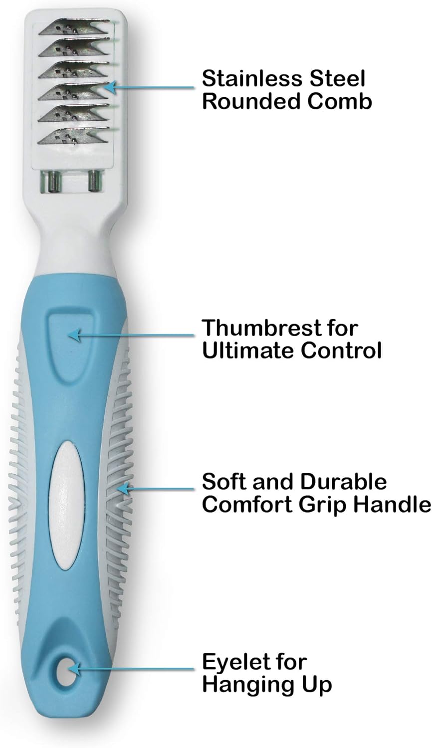 Pets First Professional Pet Mat Remover - Dematting Tool for Grooming Cats & Dogs - Removes Matted Fur, Tangles, Knots, Loose Hair & Dirt - Stainless Steel, Gentle Teeth, Soft Comfort Grip Handle,Blue - Happypetzone.online - Image 3