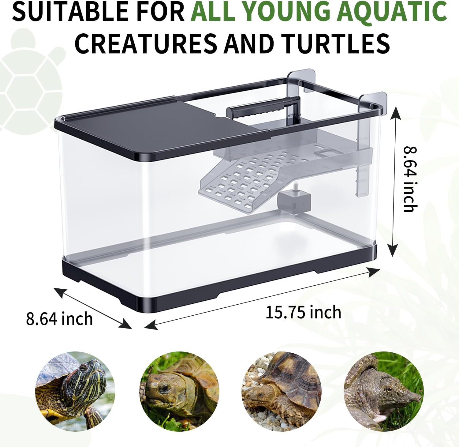 (Tank + Light +Pump + Filter + Filter Balls) Turtle Tank Kit, Turtle Tank Starter Kit,Bottom Drainage, Multi-Function Areas for Turtles, Crabs,Fishes, Amphibians,Reptiles. (15.75 x 8.64 x8.64 Inch) - Happypetzone.online - Image 6