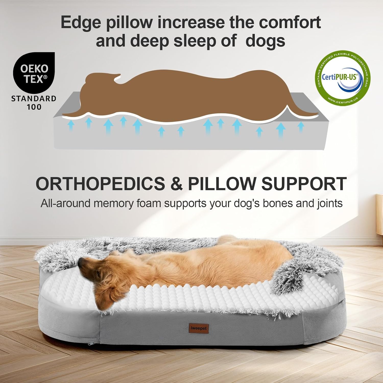 iweepet 3.7 inch Thickened Orthopedic Dog Beds for Extra Large Dogs, Fluffy Supportive Dog Sofa Bed with 28D Egg-Crate Foam, Removable Washable Cover, Waterproof Lining, Cozy Oval Design,Grey - Happypetzone.online - Image 5