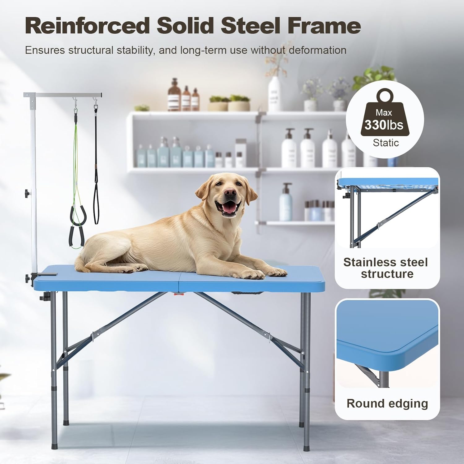 ynhurenth 49'' Pet Grooming Table for Large Dogs, Foldable Professional Grooming Table for Dogs at Home with Double Loops/Adjustable Arm, Capacity up to 330lbs, Blue - Happypetzone.online - Image 4