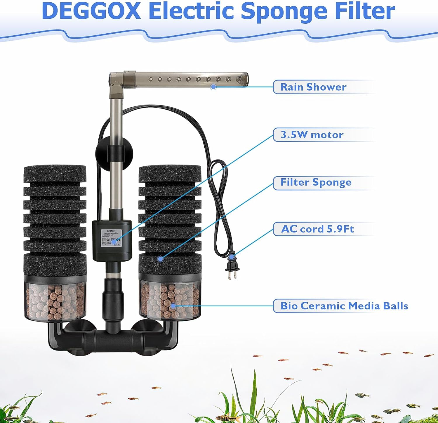 Aquarium Electric Sponge Filter with Submersible Water Pump Silence Motor for Shrimps,Bettas with Bio Ceramic Media Balls and 2 Spare Sponge,Venturi Nozzle and Rain Mode (S for 10-20 Gal) - Happypetzone.online - Image 3