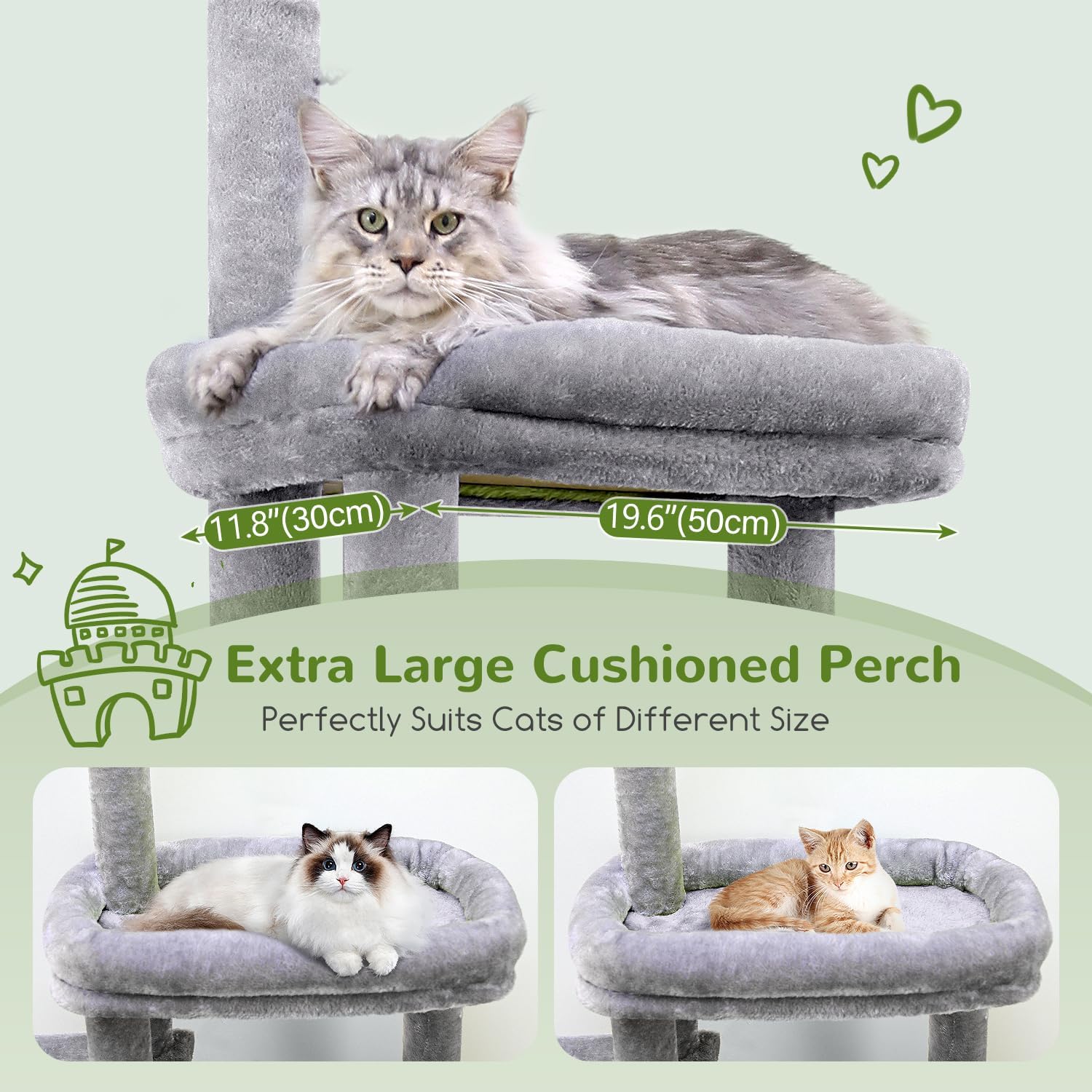 Globlazer Cat Tower for Indoor Adult Cats, 50-inch Heavy Duty Cat Tree House for Big Cats with Extra-Large Padded Platform, Sisal Scratching Board, 2 Large Condos, F50, Light Grey - Happypetzone.online - Image 3