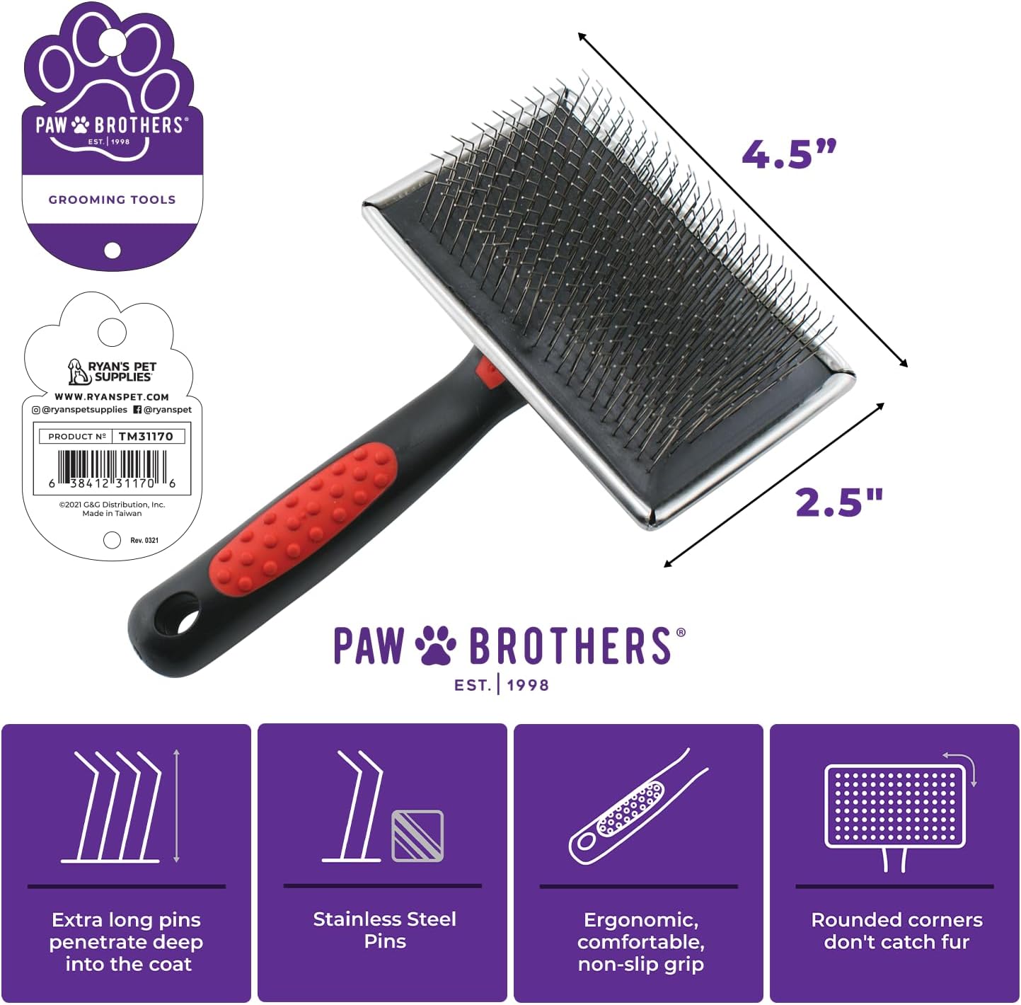 Paw Brothers Professional Grade Extra Long Slicker Brush - Ergonomic Handle, Removes Loose Undercoat and Tangles for Dogs - Happypetzone.online - Image 3