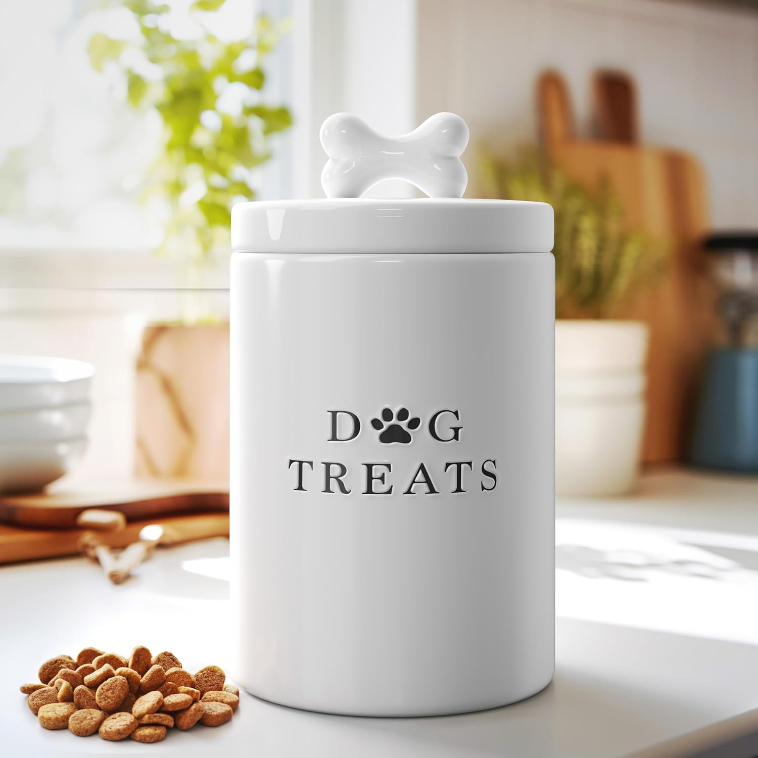 Barnyard Designs Large Dog Treat Container Airtight with Lid, Cute Rustic Ceramic Dog Treat Storage Jar for Kitchen Counter (White) - Happypetzone.online - Image 2
