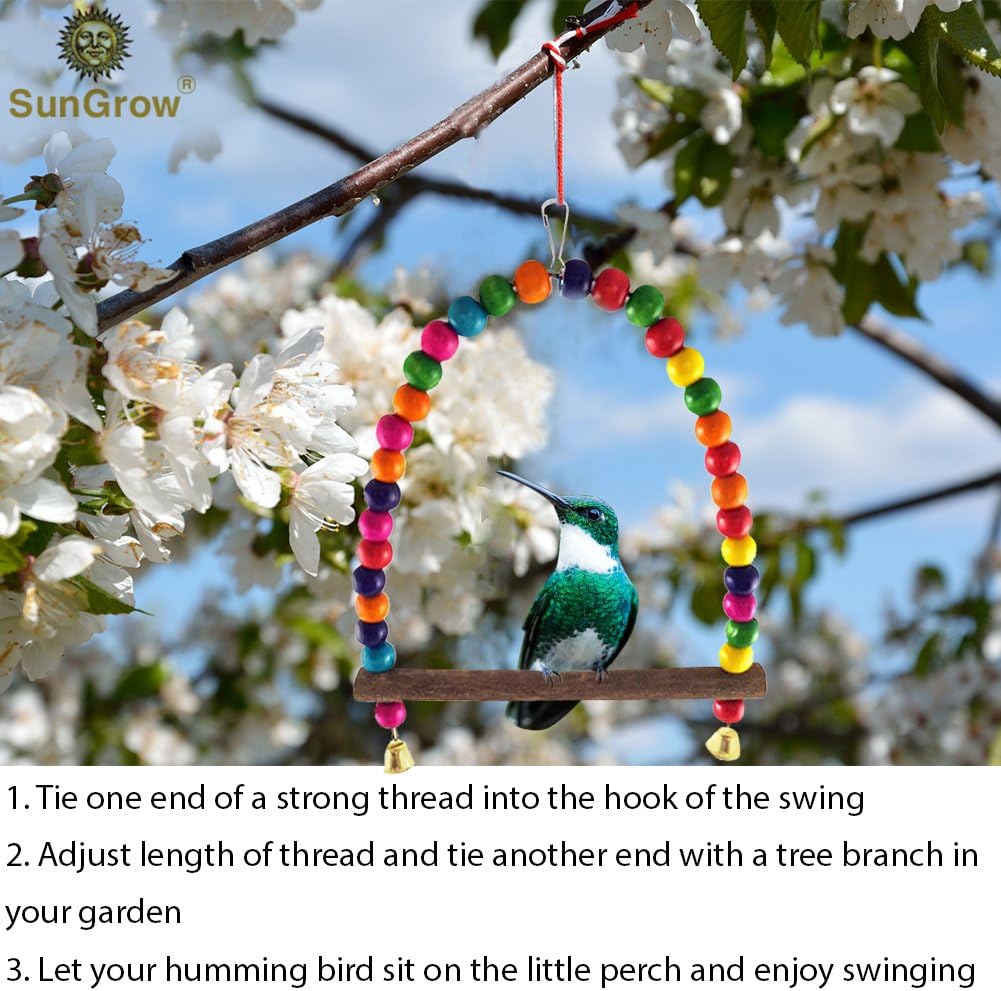 SunGrow Colorful Finch Swing Toy with Bells, Wooden Perch Stand for Canary, Lovebird & Budgie, 8.5x6 Inches, Sturdy Rocking Gym, Small Bird Cage Accessories to Balance, Exercise & Training - Happypetzone.online - Image 5